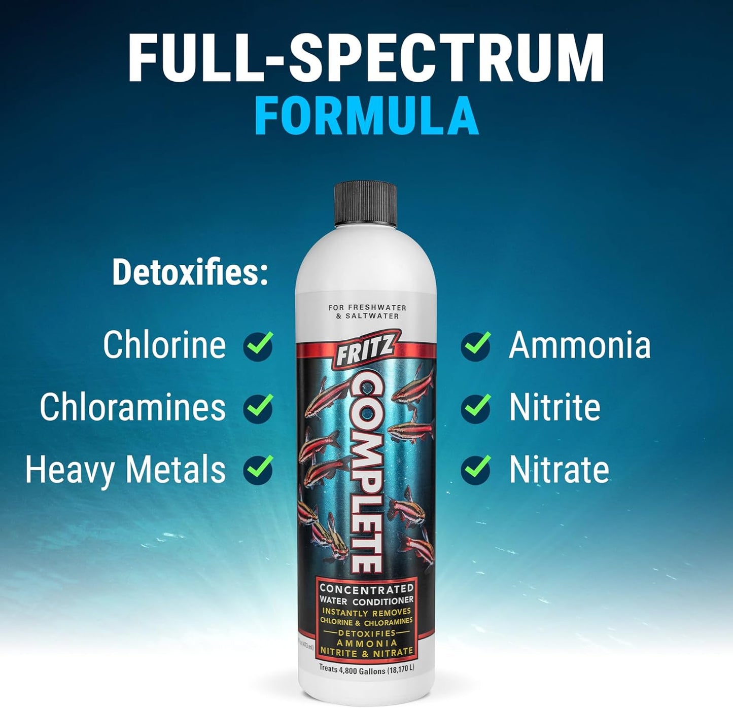 Fritz Complete Water Conditioner/Dechlorinator Instantly Removes Chlorine & Chloramines/Detoxifies Nitrite & Nitrate for Fresh & Salt Water Aquariums (16-Ounce)