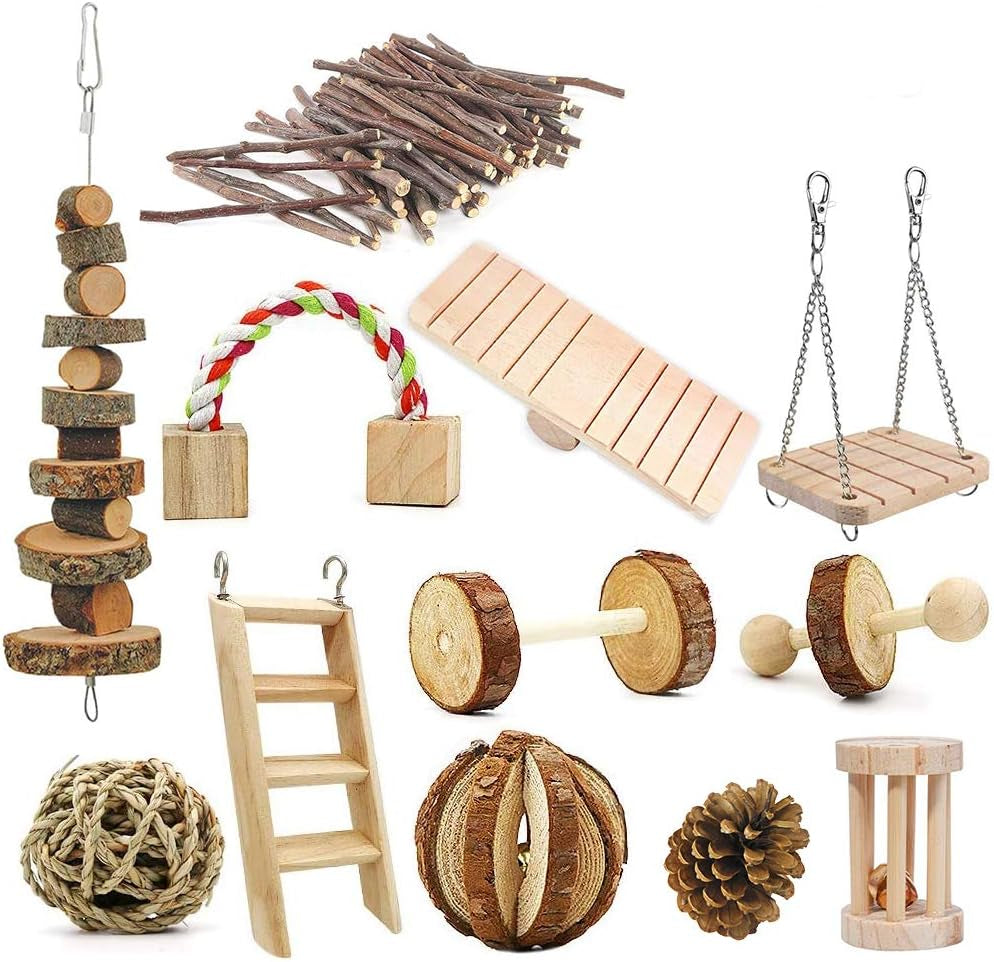 12PCS Hamster Chew Toy Set,Rat Toys Natural Pine Wood,Gerbil,Hamster,Chinchilla'S Favorite Chewing Toy,Toys Accessories,Suitable for Small Pet Chewing and Playing Sports