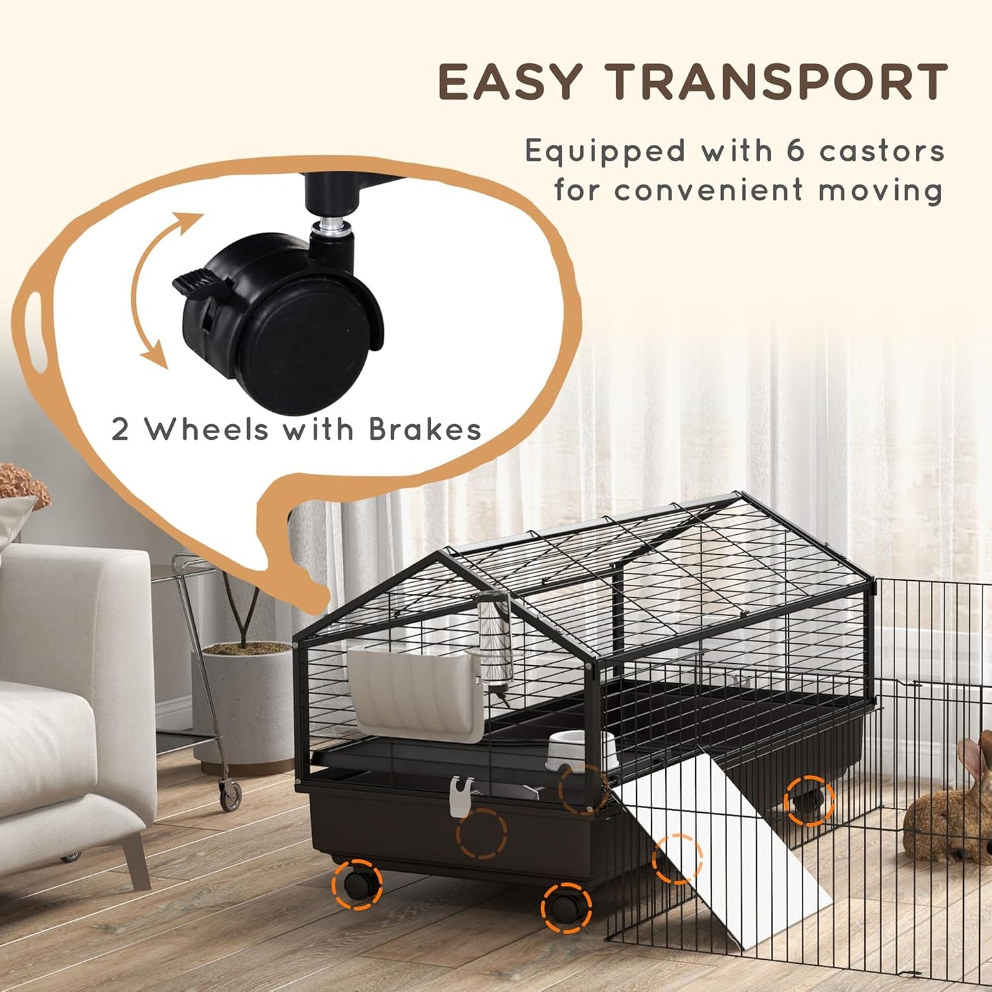 Small Animal Cage with Foldable Run Area, Rolling Bunny Cage, Guinea Pig Cage, Hedgehog Cage with Water Bottle, Water Bowl, and Ramps, 46.5"