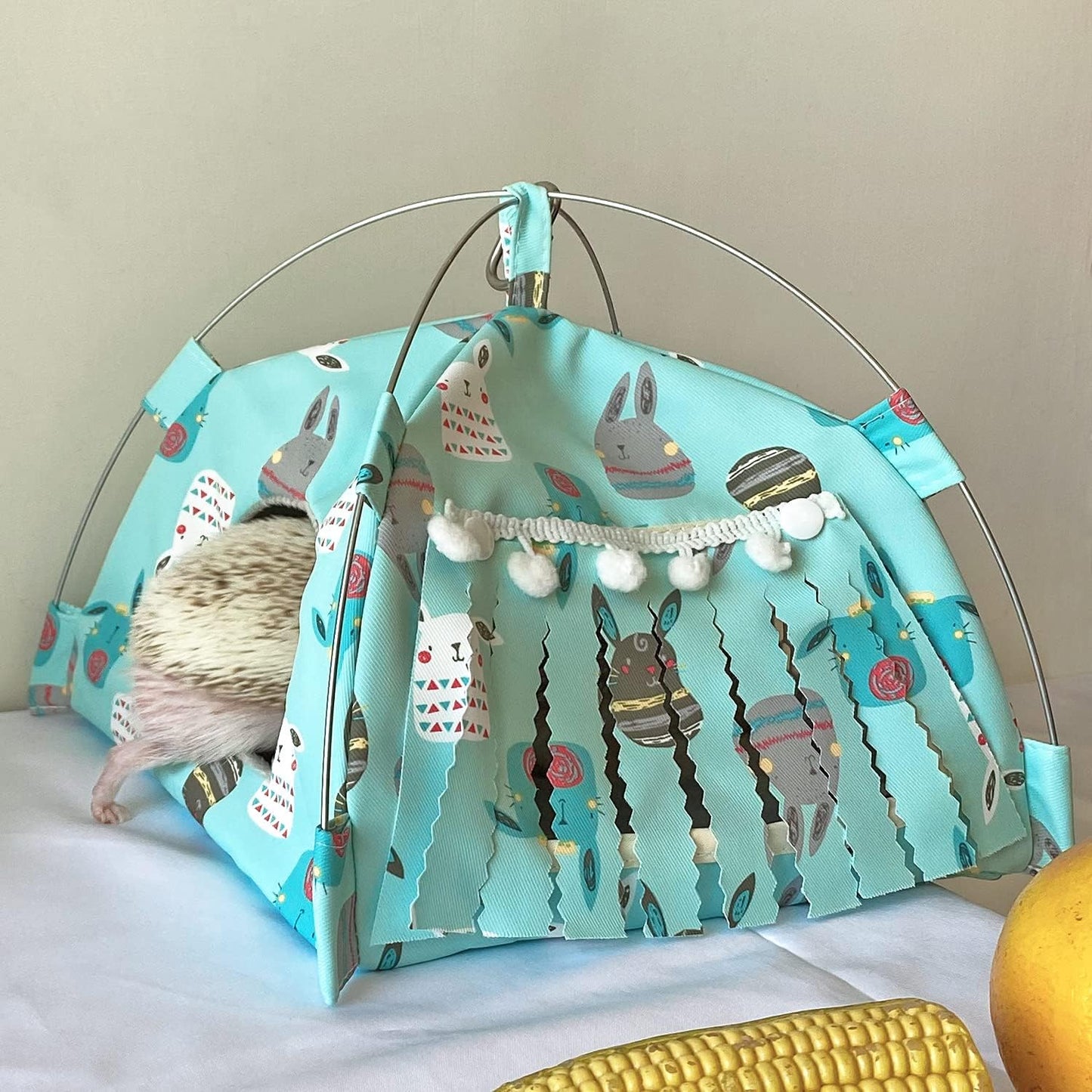 Portable Small Animal Tents House Cave Habitat Hideout with Forest Hidey Curtain for Hamster/Mice/Gerbil Rats/Guinea Pigs Hedgehog Nest Cushion Beds (Blue)