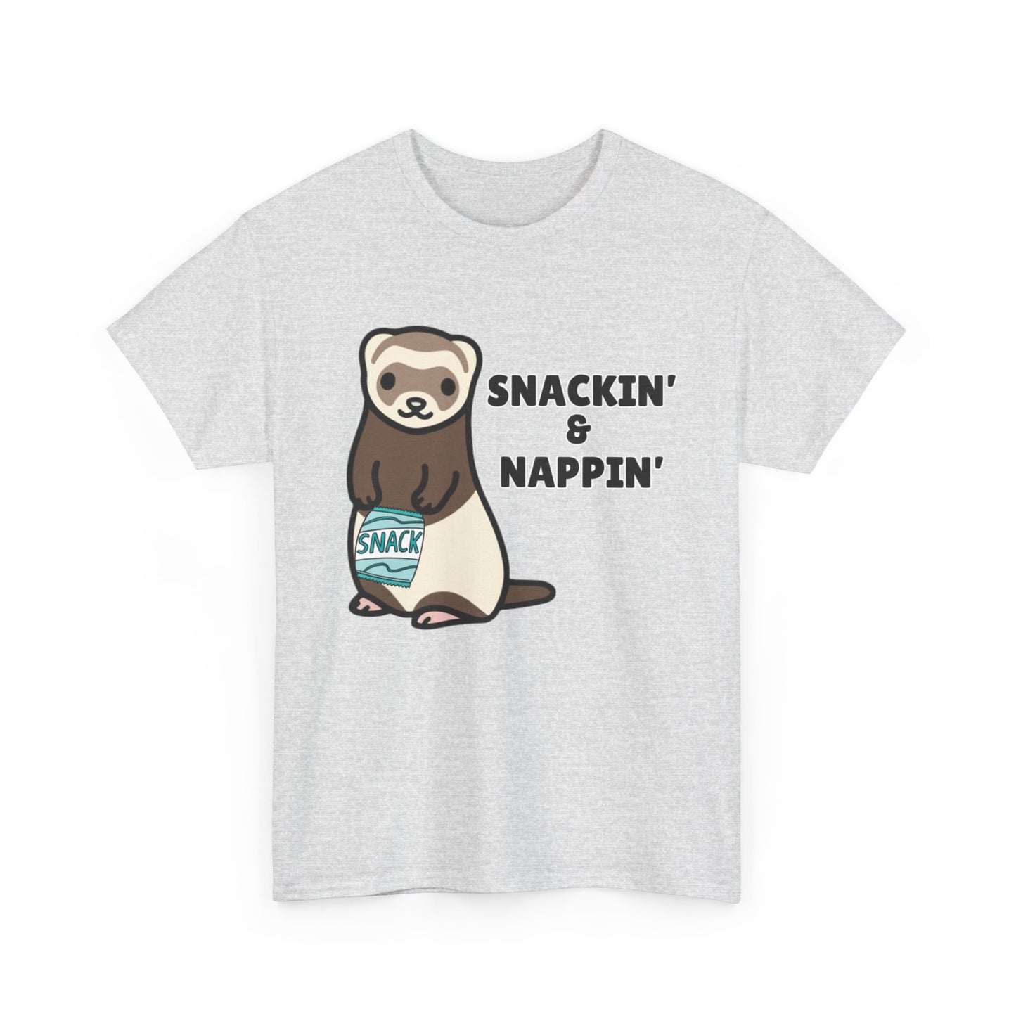 Adult Sizes: Snackin' & Nappin' Ferret Unisex Heavy Cotton Tee, Funny Animal Shirt, Quirky Graphic T-Shirt, Gifts for Snack and Nap Lovers, Cute Ferret Tee