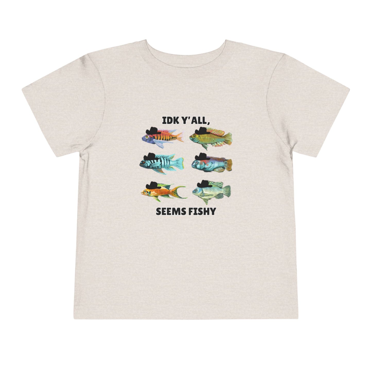 Toddler Sizes: IDK Y'all, Seems Fishy, Fish & Fishing Cowboy Hat Shirt, Short Sleeve Tee - 'IDK Y'all, Seems Fishy' Fun T-Shirt, Cute Kids Apparel, Summer Essentials