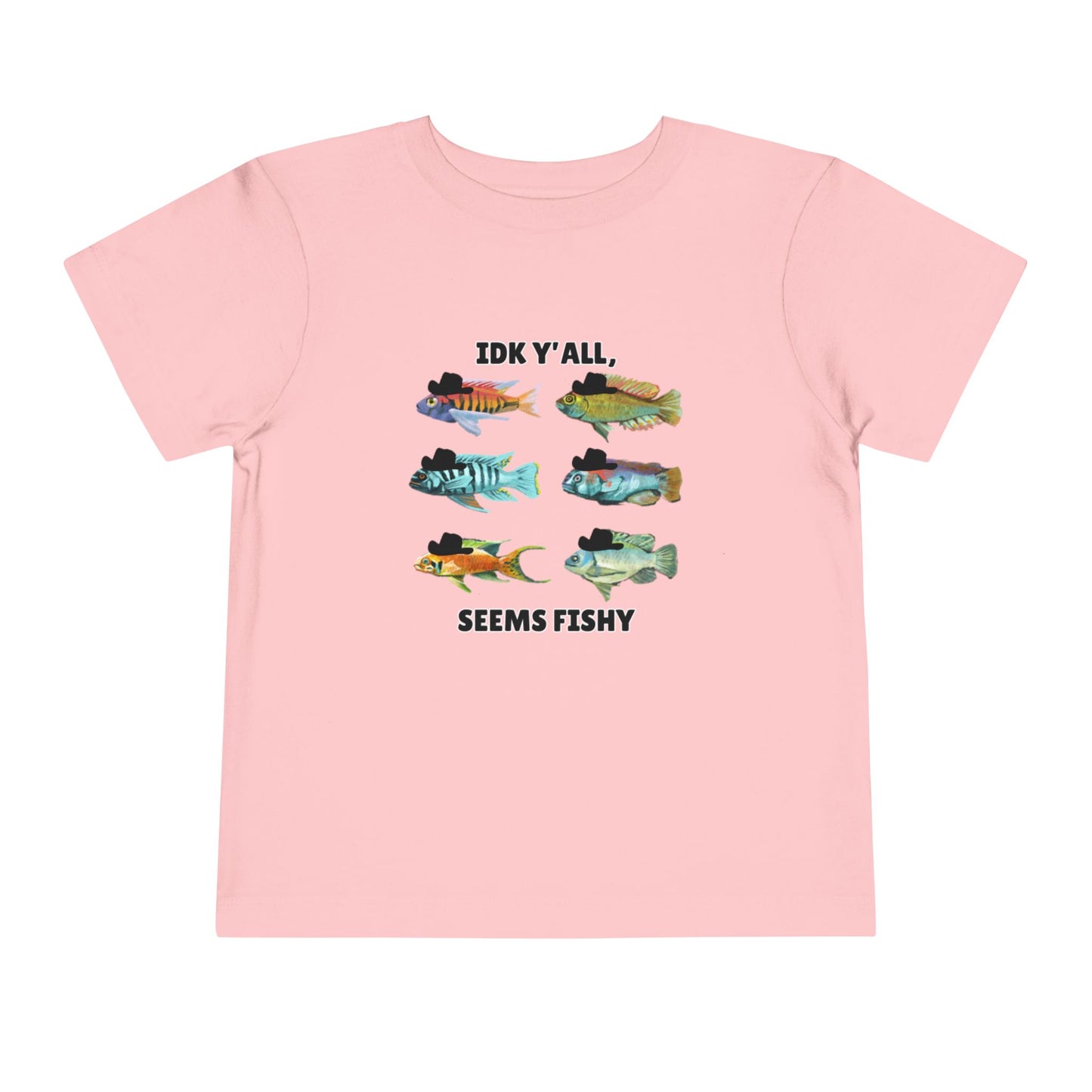 Toddler Sizes: IDK Y'all, Seems Fishy, Fish & Fishing Cowboy Hat Shirt, Short Sleeve Tee - 'IDK Y'all, Seems Fishy' Fun T-Shirt, Cute Kids Apparel, Summer Essentials
