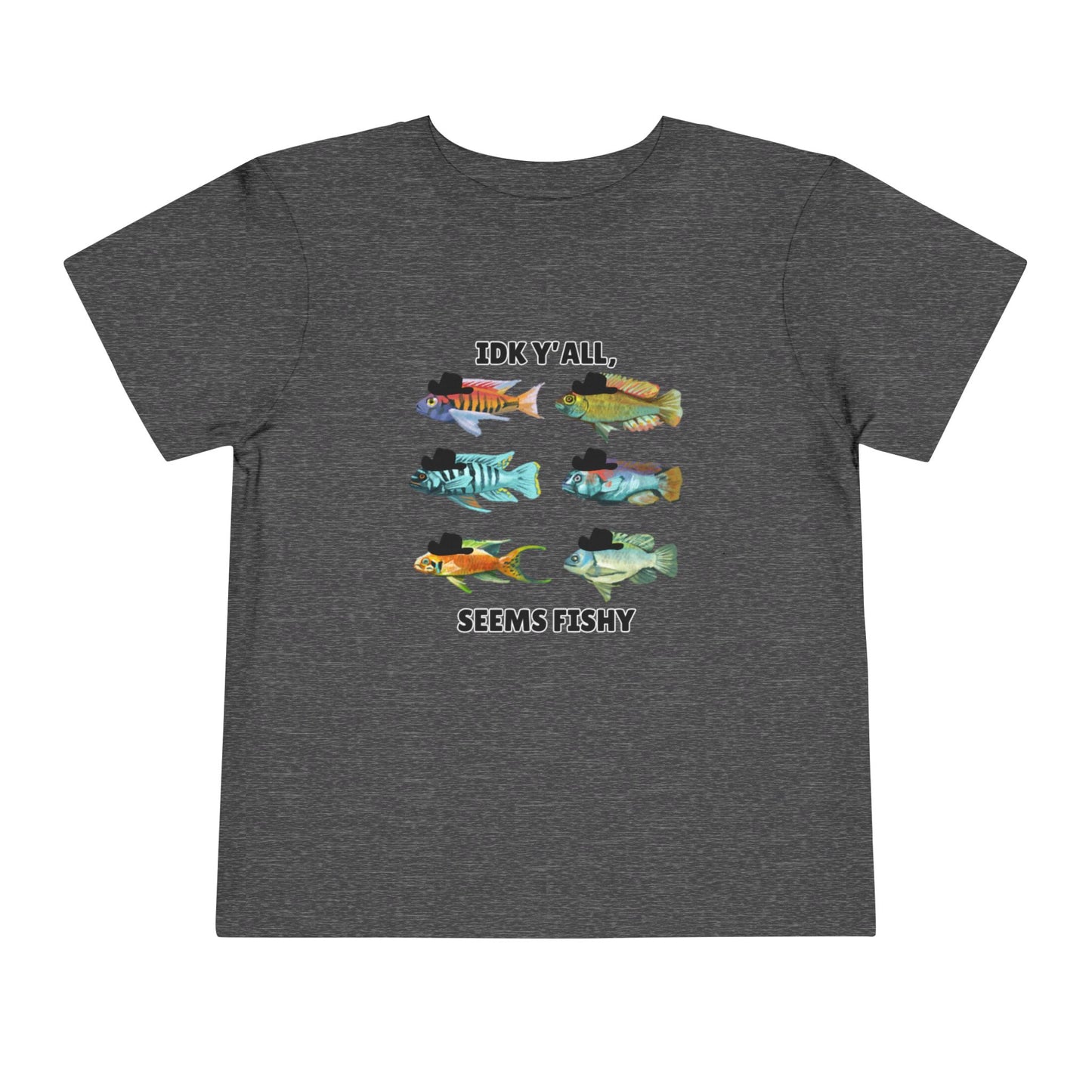 Toddler Sizes: IDK Y'all, Seems Fishy, Fish & Fishing Cowboy Hat Shirt, Short Sleeve Tee - 'IDK Y'all, Seems Fishy' Fun T-Shirt, Cute Kids Apparel, Summer Essentials