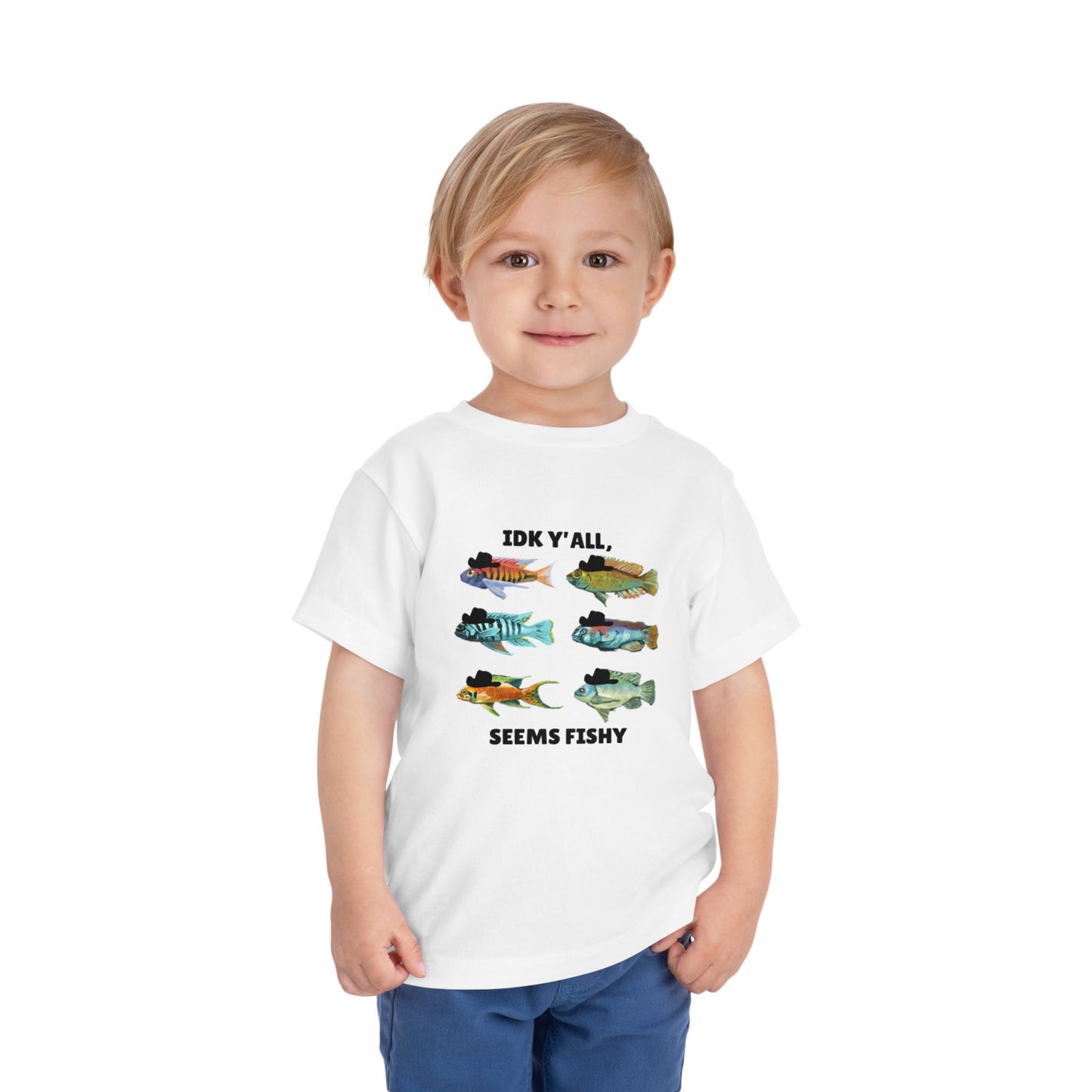 Toddler Sizes: IDK Y'all, Seems Fishy, Fish & Fishing Cowboy Hat Shirt, Short Sleeve Tee - 'IDK Y'all, Seems Fishy' Fun T-Shirt, Cute Kids Apparel, Summer Essentials