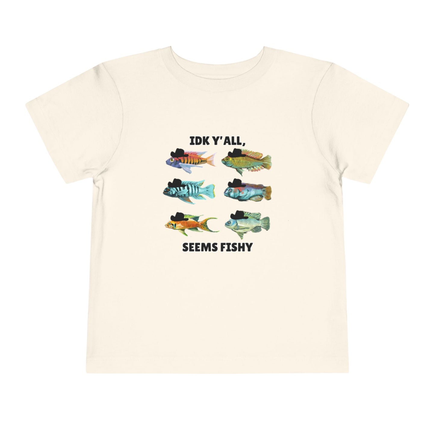 Toddler Sizes: IDK Y'all, Seems Fishy, Fish & Fishing Cowboy Hat Shirt, Short Sleeve Tee - 'IDK Y'all, Seems Fishy' Fun T-Shirt, Cute Kids Apparel, Summer Essentials