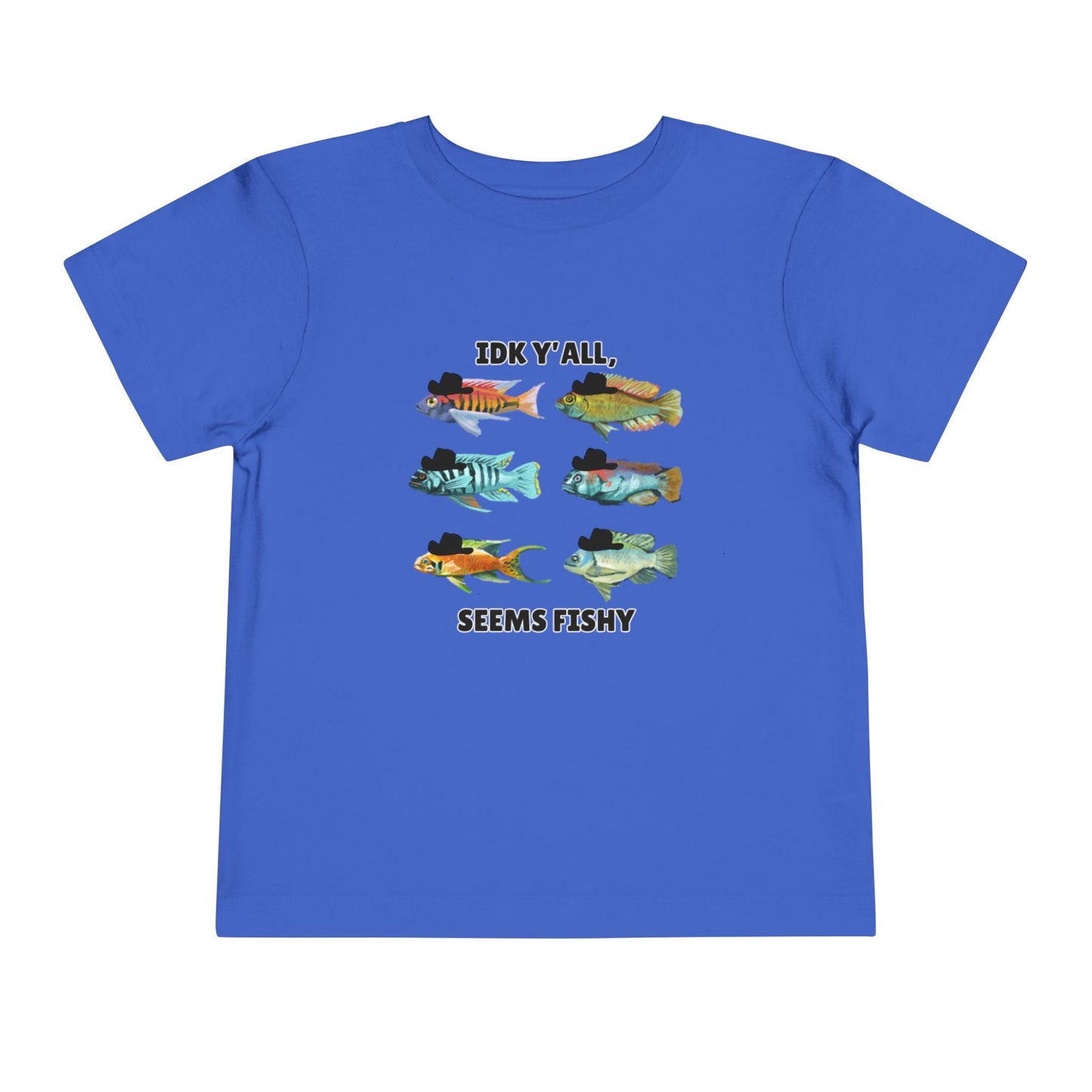 Toddler Sizes: IDK Y'all, Seems Fishy, Fish & Fishing Cowboy Hat Shirt, Short Sleeve Tee - 'IDK Y'all, Seems Fishy' Fun T-Shirt, Cute Kids Apparel, Summer Essentials