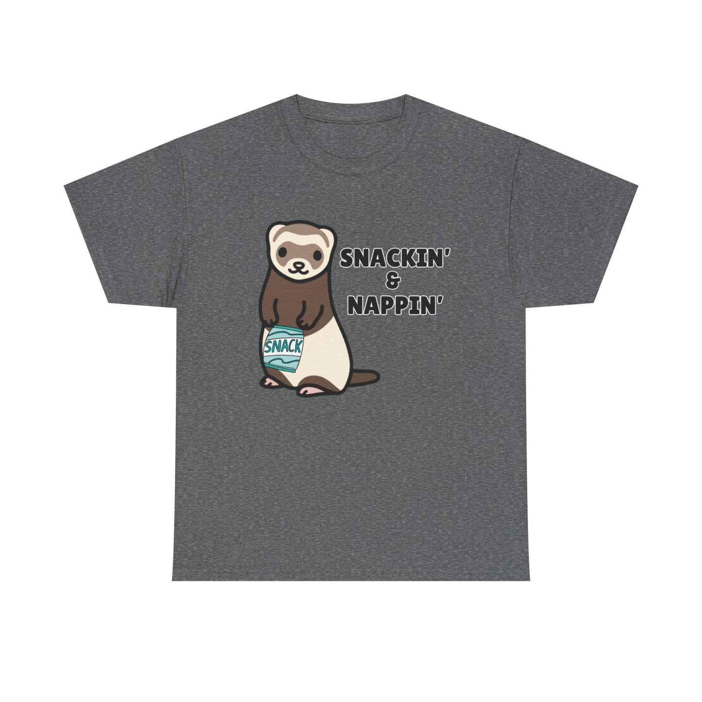 Adult Sizes: Snackin' & Nappin' Ferret Unisex Heavy Cotton Tee, Funny Animal Shirt, Quirky Graphic T-Shirt, Gifts for Snack and Nap Lovers, Cute Ferret Tee