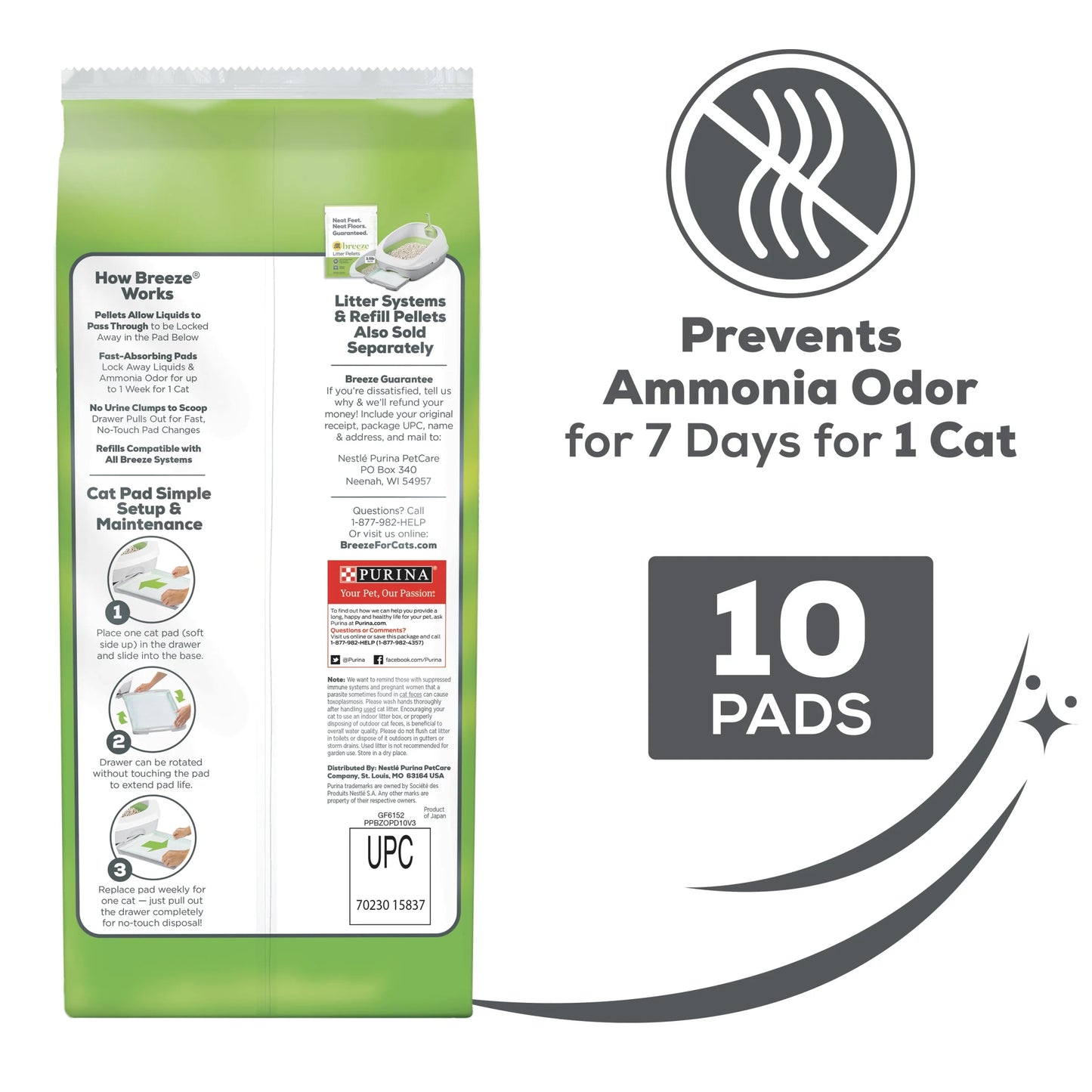 (10 Pack) Breeze Absorbent Cat Litter Pads, 24/7 Odor Control, Refill Pack, 10 Ct. Pouch