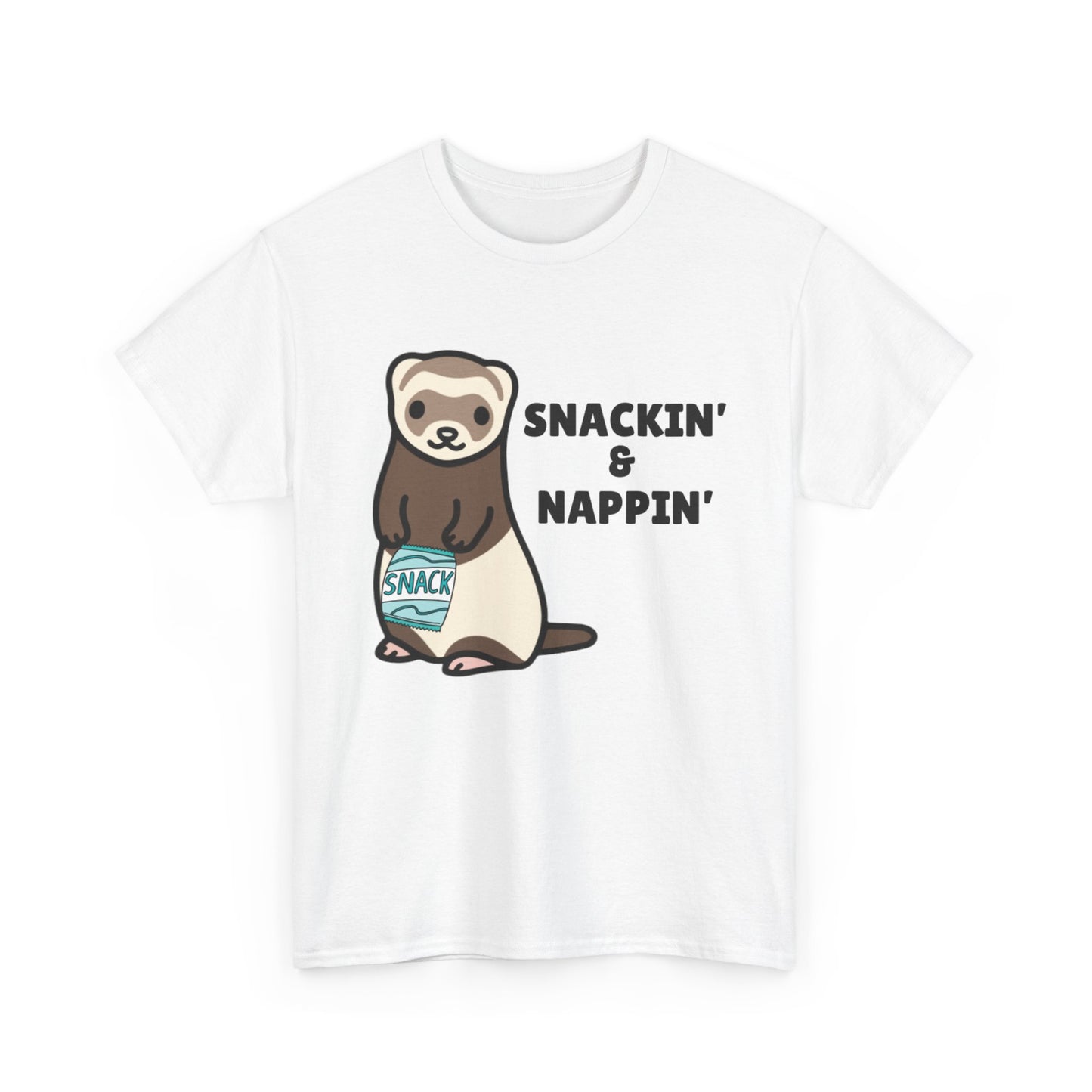 Adult Sizes: Snackin' & Nappin' Ferret Unisex Heavy Cotton Tee, Funny Animal Shirt, Quirky Graphic T-Shirt, Gifts for Snack and Nap Lovers, Cute Ferret Tee