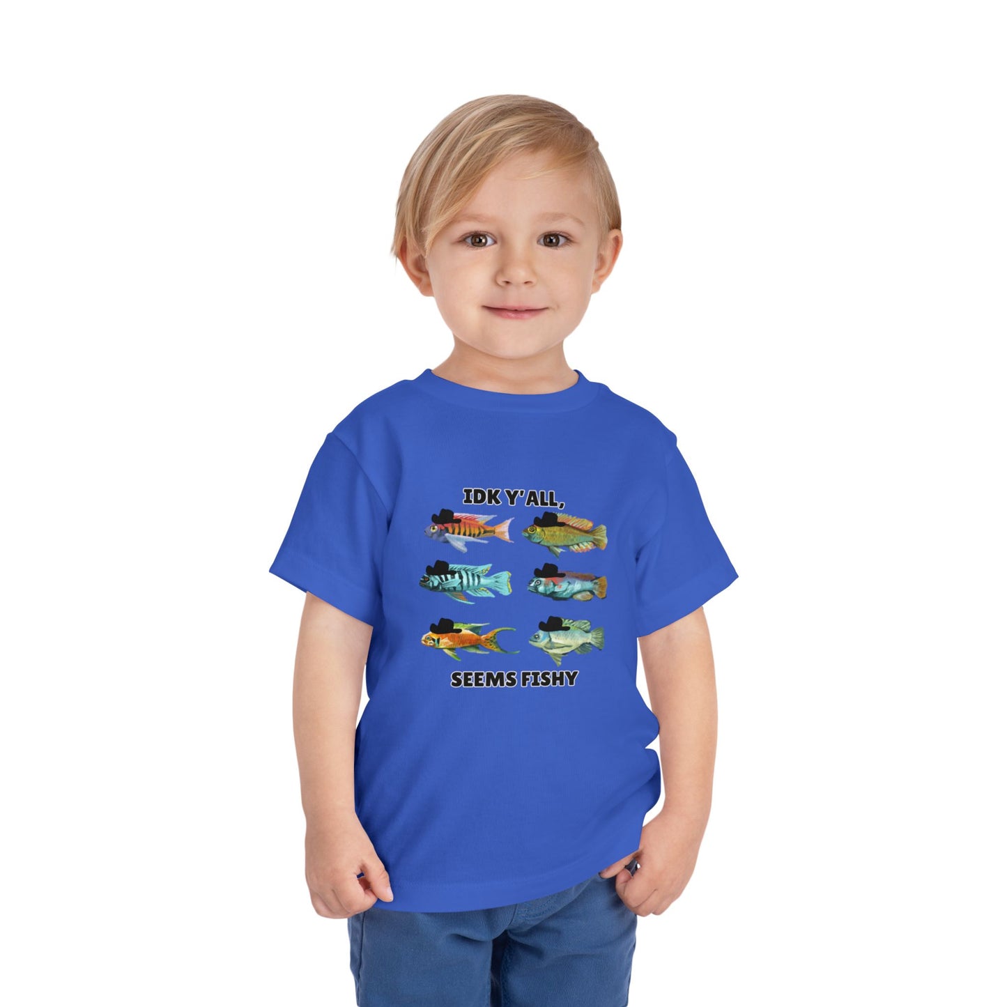 Toddler Sizes: IDK Y'all, Seems Fishy, Fish & Fishing Cowboy Hat Shirt, Short Sleeve Tee - 'IDK Y'all, Seems Fishy' Fun T-Shirt, Cute Kids Apparel, Summer Essentials