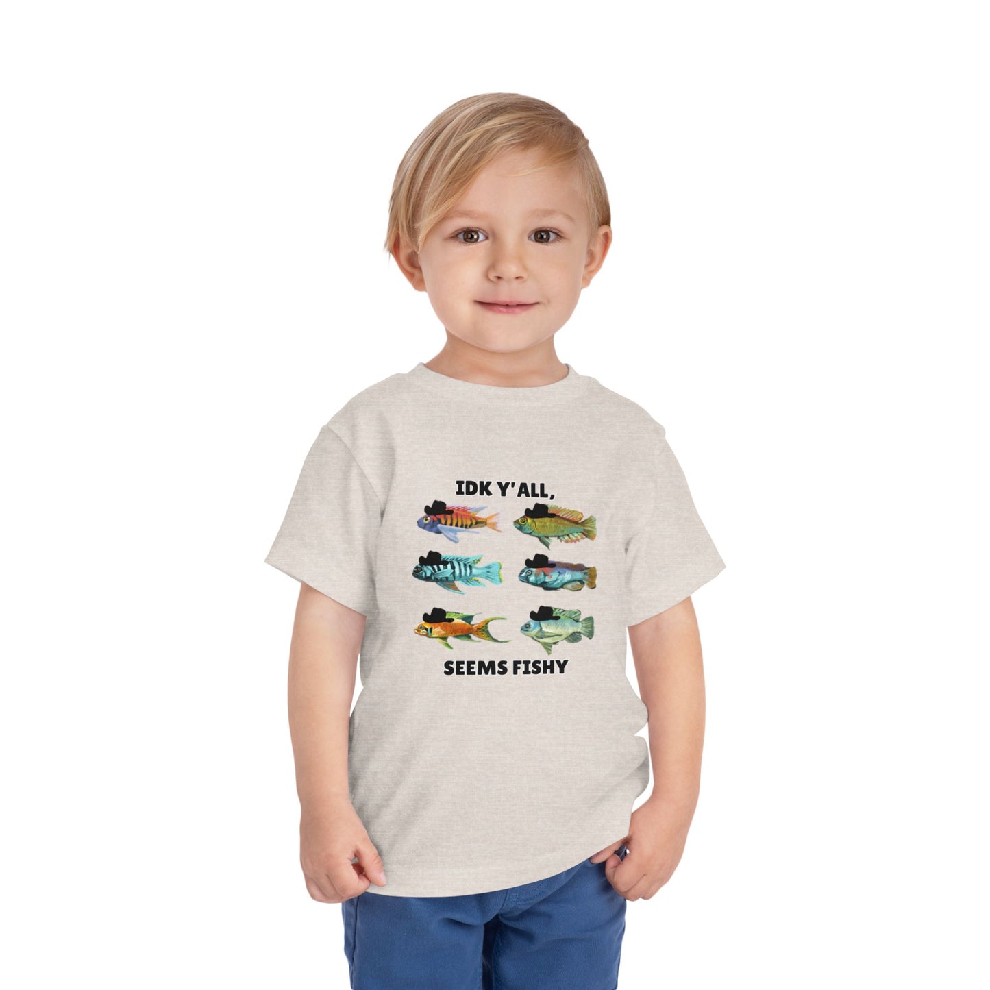 Toddler Sizes: IDK Y'all, Seems Fishy, Fish & Fishing Cowboy Hat Shirt, Short Sleeve Tee - 'IDK Y'all, Seems Fishy' Fun T-Shirt, Cute Kids Apparel, Summer Essentials