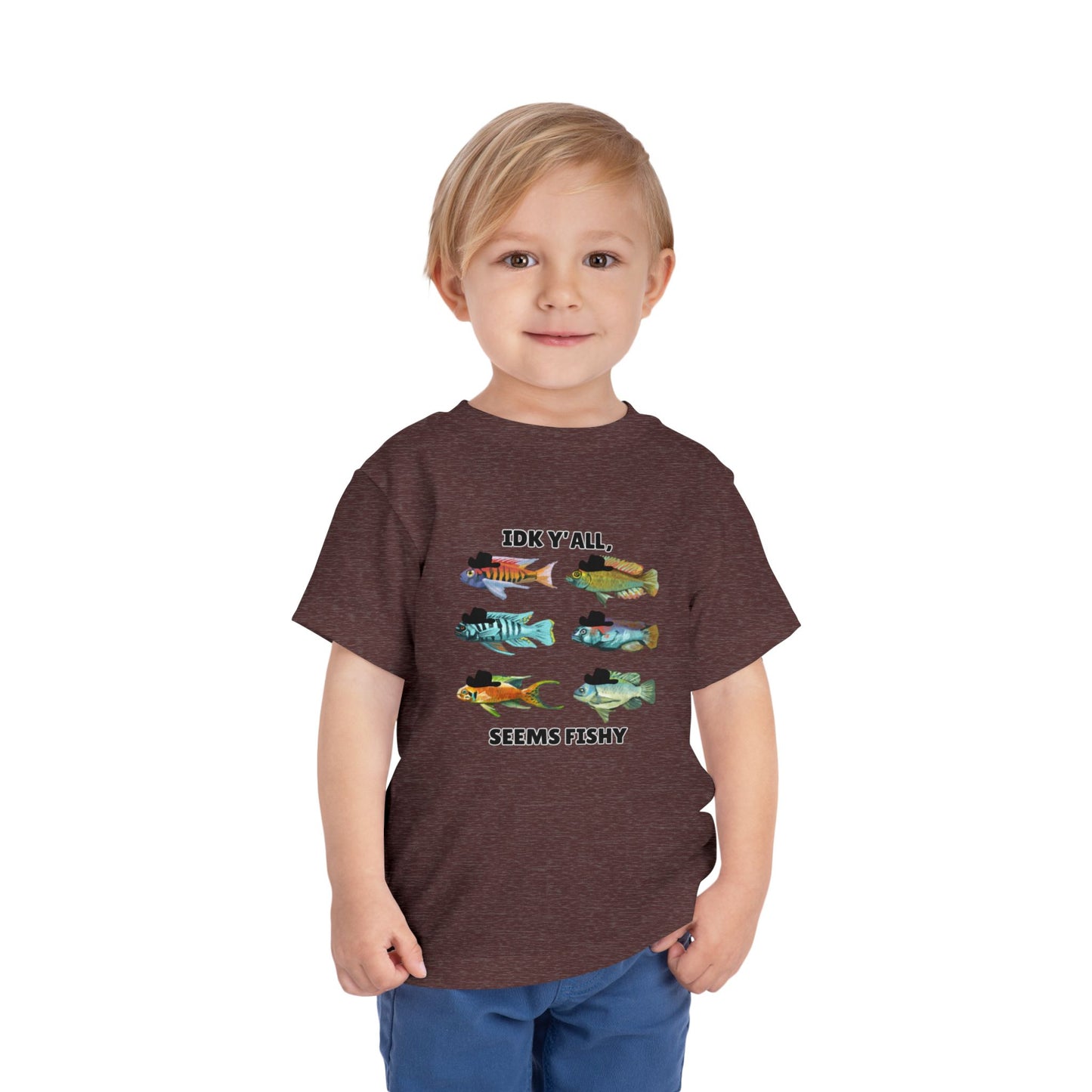 Toddler Sizes: IDK Y'all, Seems Fishy, Fish & Fishing Cowboy Hat Shirt, Short Sleeve Tee - 'IDK Y'all, Seems Fishy' Fun T-Shirt, Cute Kids Apparel, Summer Essentials