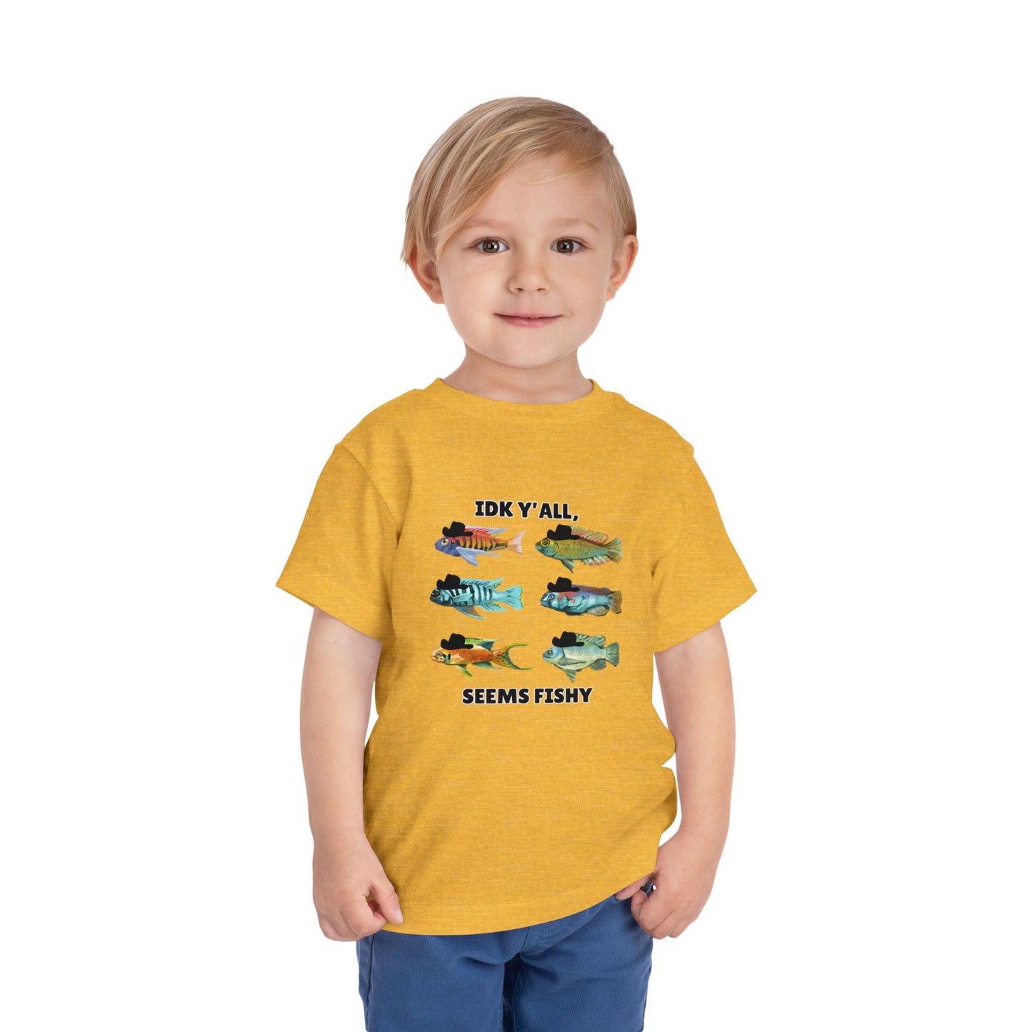 Toddler Sizes: IDK Y'all, Seems Fishy, Fish & Fishing Cowboy Hat Shirt, Short Sleeve Tee - 'IDK Y'all, Seems Fishy' Fun T-Shirt, Cute Kids Apparel, Summer Essentials