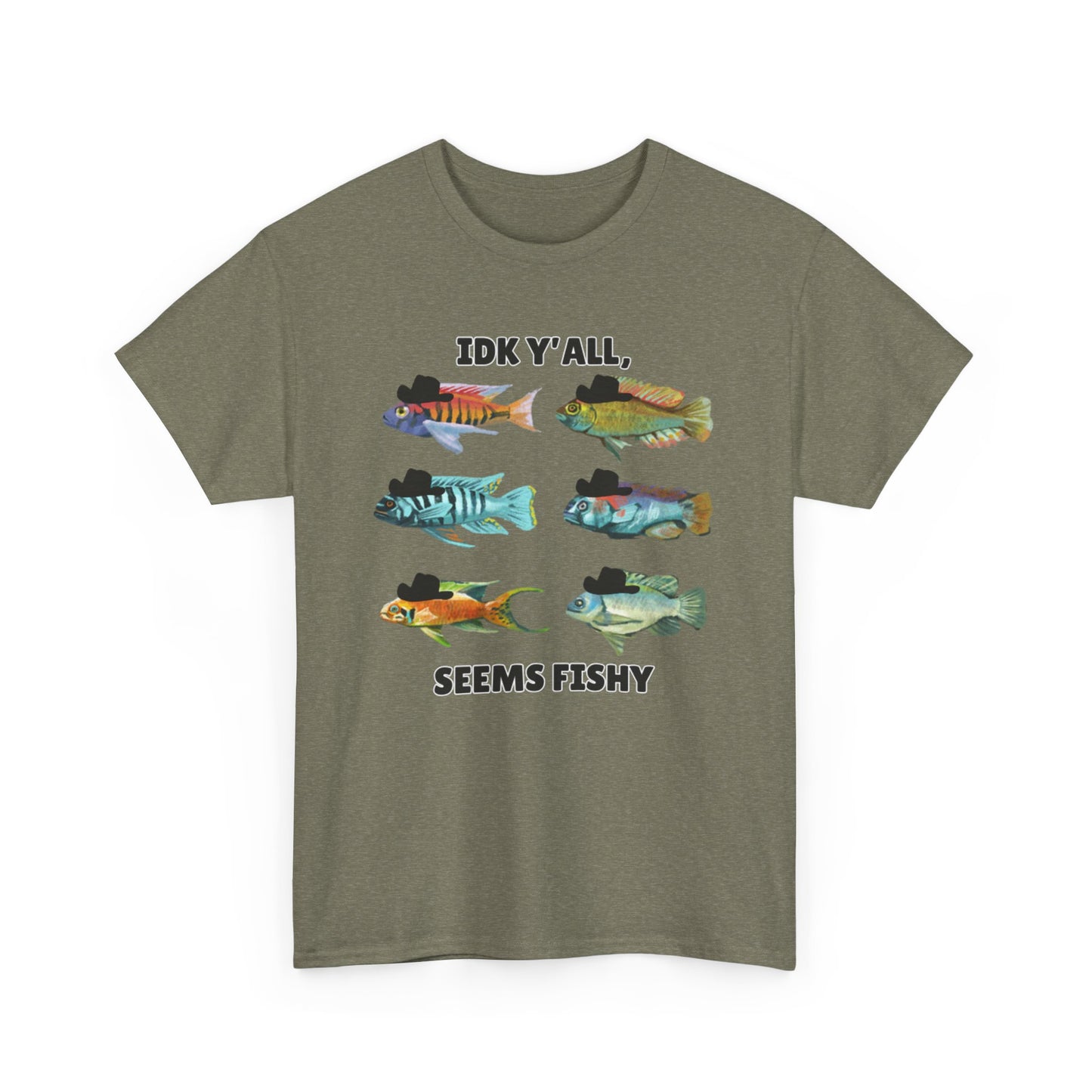 Adult Sizes: "IDK Y'all, Seems Fishy" Fish Tee, Fishing Humor Unisex Heavy Cotton T-Shirt, Funny Fish Shirt, Gift for Anglers, Casual Wear, Summer Vibes, Fishing Enthusiast Tee