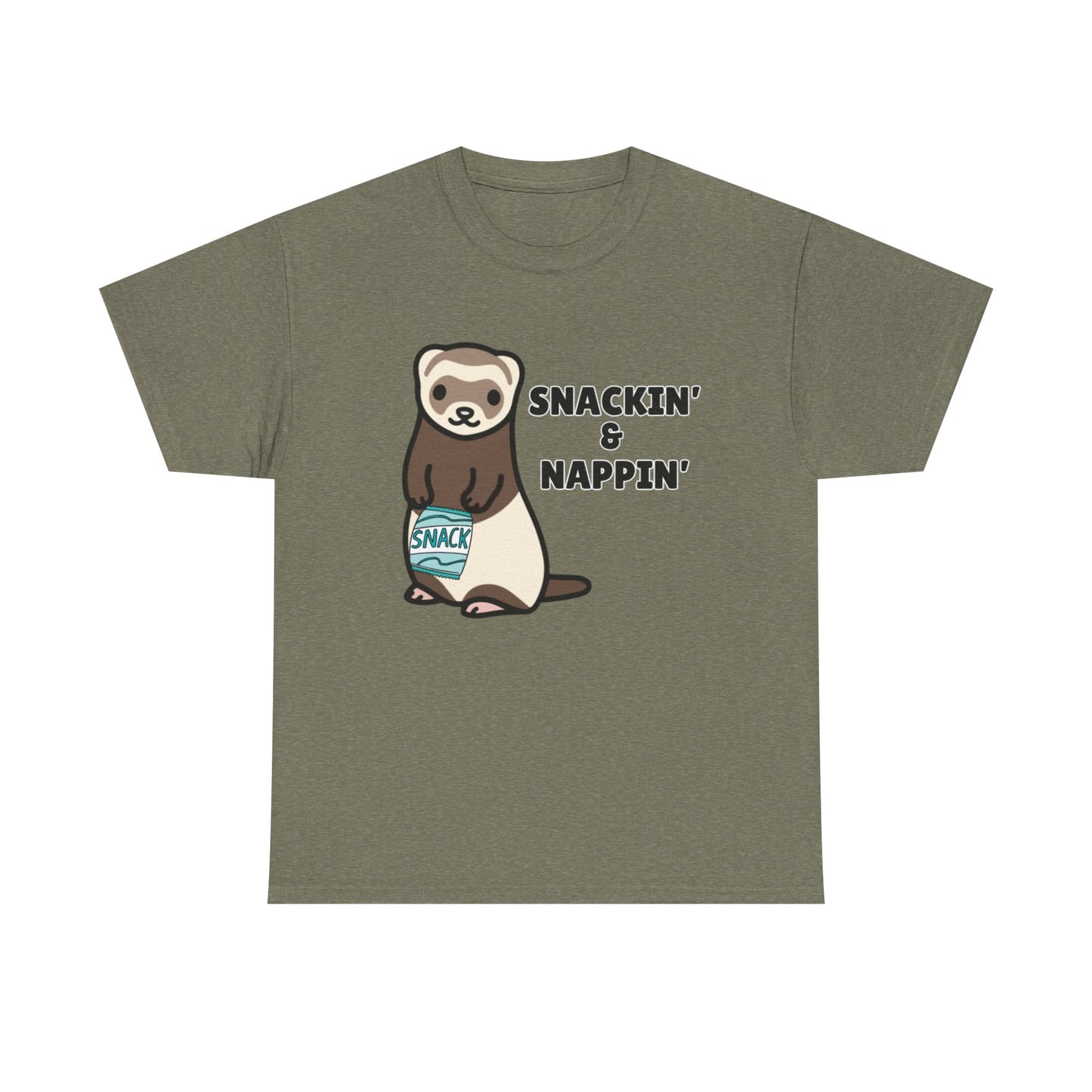 Adult Sizes: Snackin' & Nappin' Ferret Unisex Heavy Cotton Tee, Funny Animal Shirt, Quirky Graphic T-Shirt, Gifts for Snack and Nap Lovers, Cute Ferret Tee
