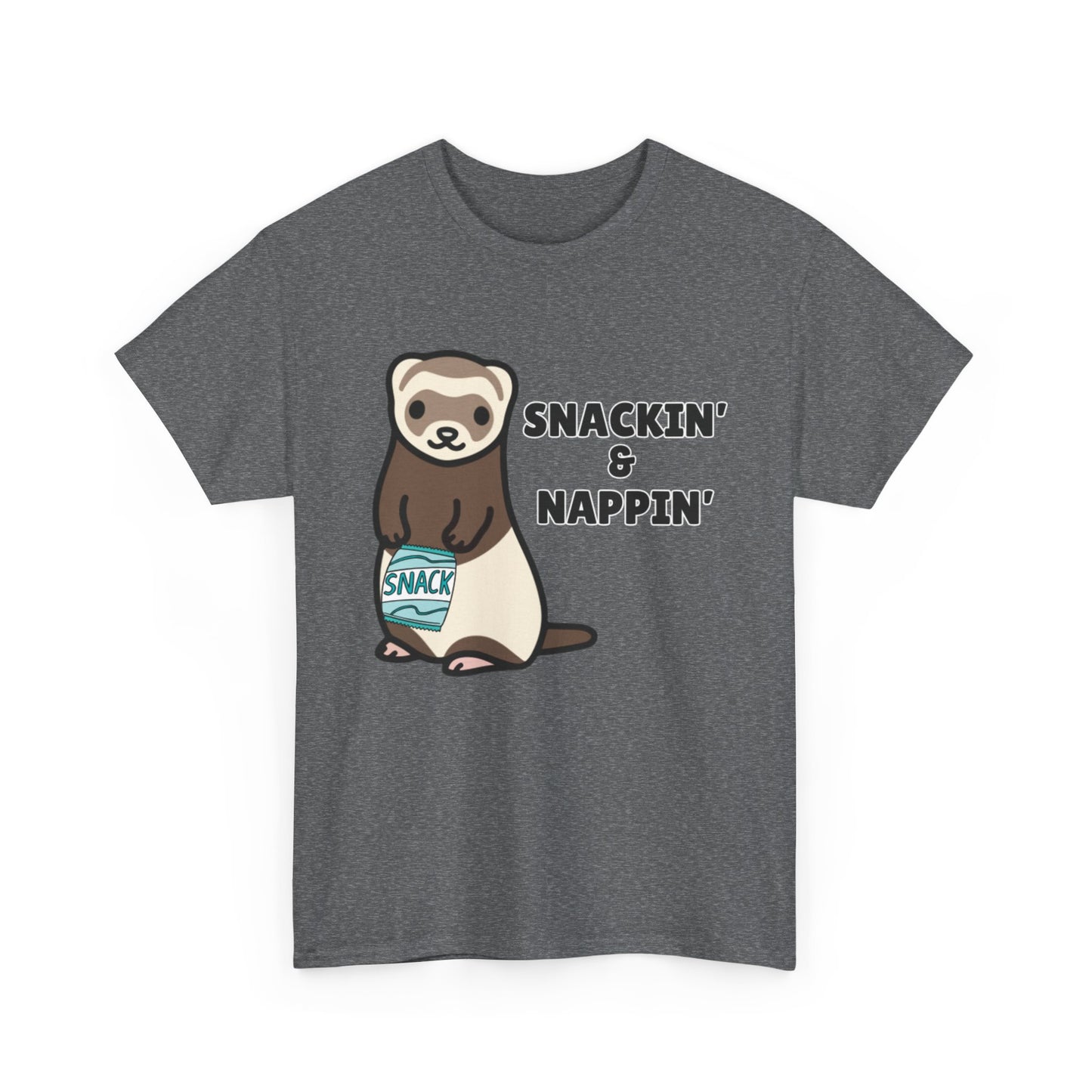 Adult Sizes: Snackin' & Nappin' Ferret Unisex Heavy Cotton Tee, Funny Animal Shirt, Quirky Graphic T-Shirt, Gifts for Snack and Nap Lovers, Cute Ferret Tee