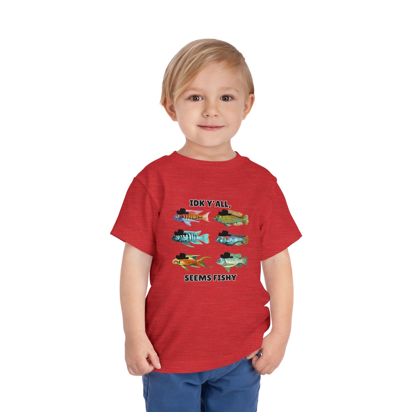 Toddler Sizes: IDK Y'all, Seems Fishy, Fish & Fishing Cowboy Hat Shirt, Short Sleeve Tee - 'IDK Y'all, Seems Fishy' Fun T-Shirt, Cute Kids Apparel, Summer Essentials