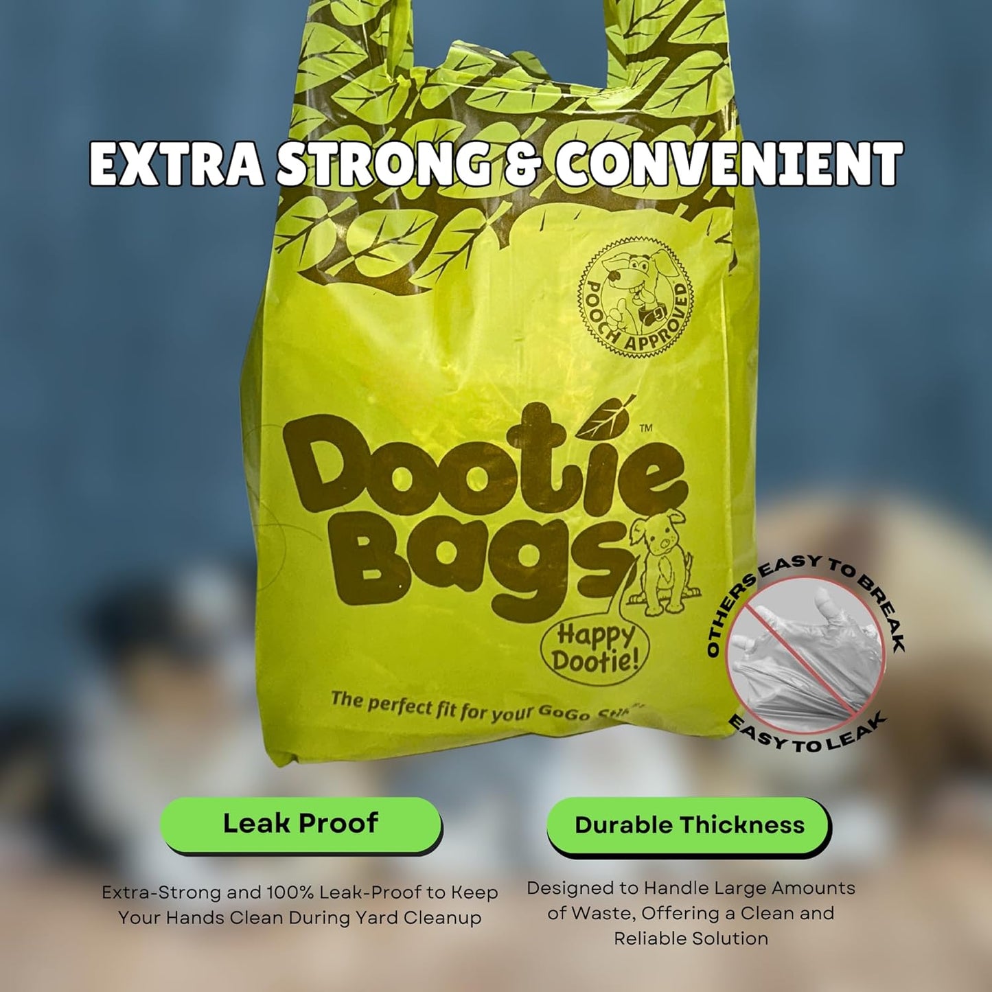Pooch Approved Dootie Bags - Dog Poop Bags - Tie-Handles - 100 Count Dootie Strong Leakproof Bags - Perfect for Dogs & Cats - Litter - Pet Waste Cleanup - Swivel Bin & Scoopers