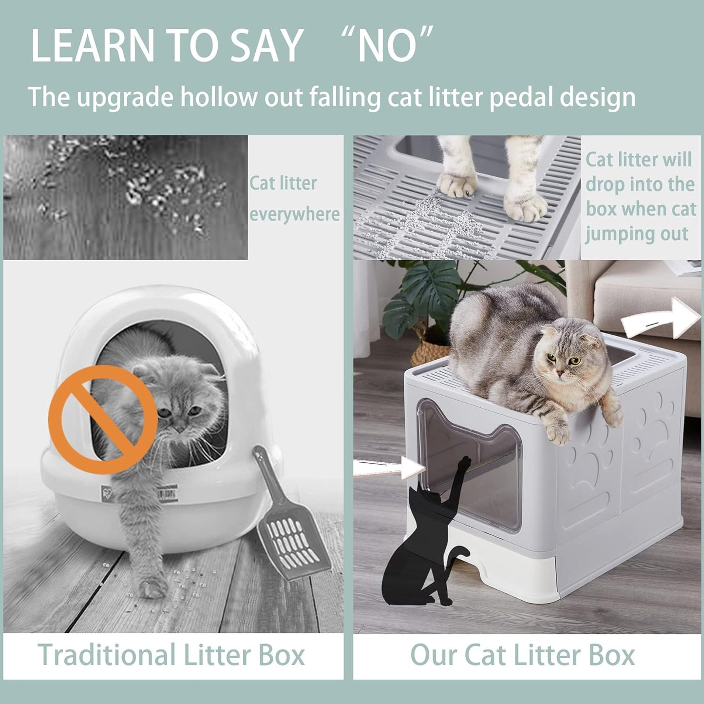 Foldable Large Top Entry Cat Litter Box with Lid, Anti-Splashing Enclosed Plastic Kitty Pan with Drawer Type Easy Clean and Scoop (Grey)