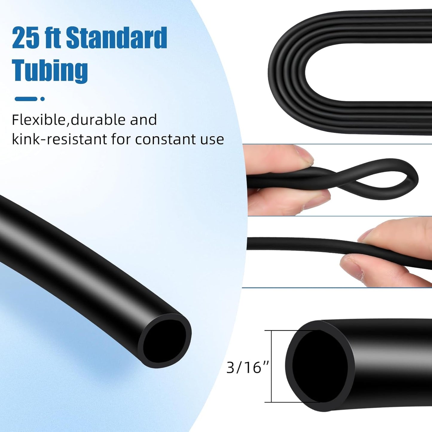 25 Feet Aquarium Airline Tubing, Standard 3/16" Tubing, Air Pump Accessories,With Air Stones, Check Valves, Suction Cups and Connectors (Black)