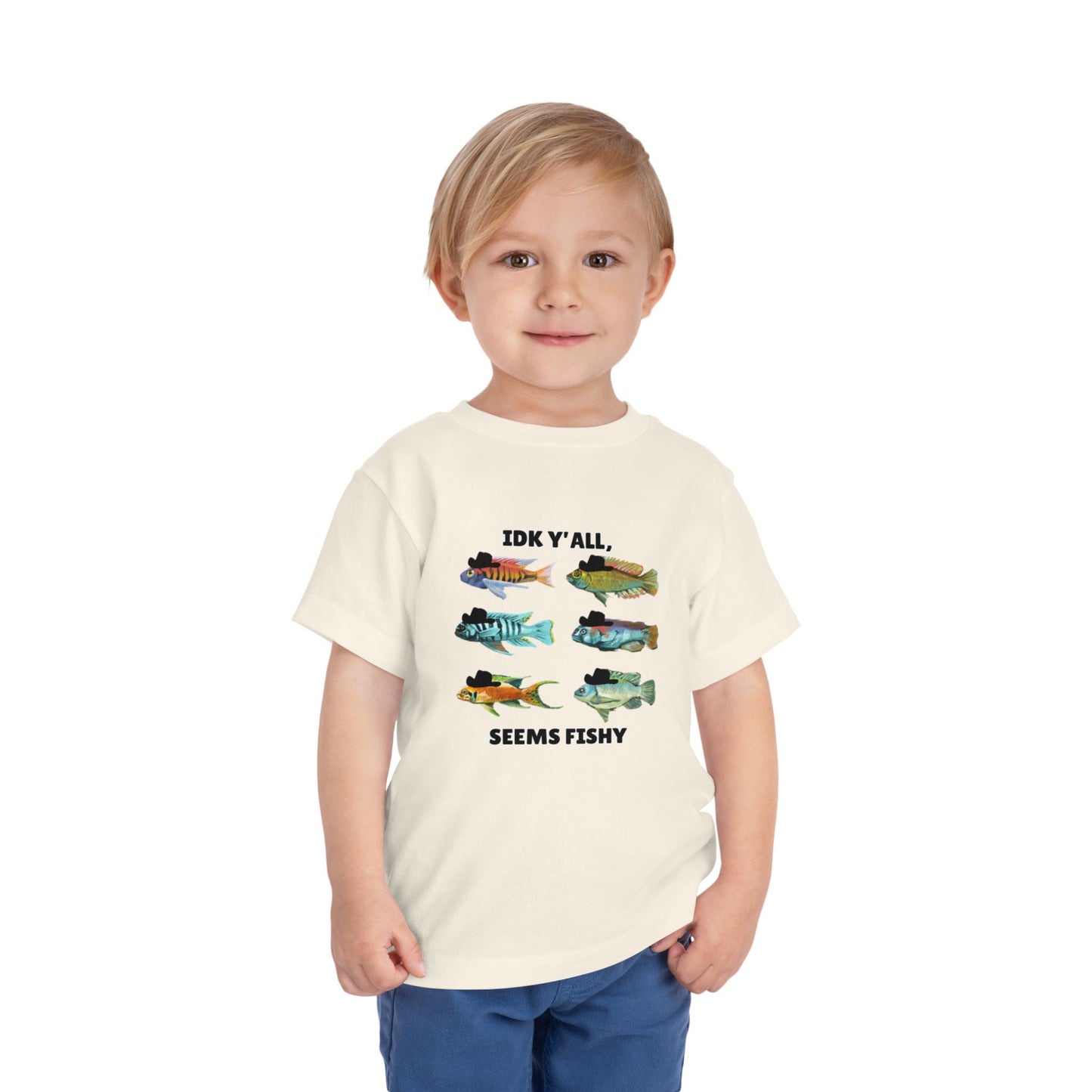 Toddler Sizes: IDK Y'all, Seems Fishy, Fish & Fishing Cowboy Hat Shirt, Short Sleeve Tee - 'IDK Y'all, Seems Fishy' Fun T-Shirt, Cute Kids Apparel, Summer Essentials