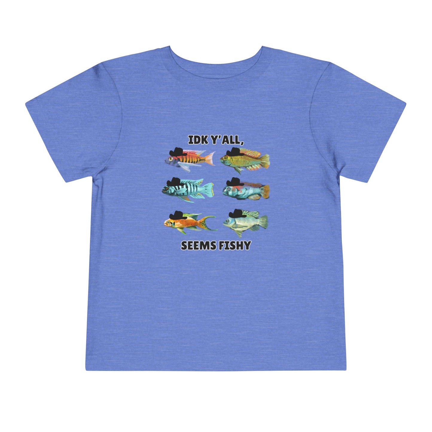 Toddler Sizes: IDK Y'all, Seems Fishy, Fish & Fishing Cowboy Hat Shirt, Short Sleeve Tee - 'IDK Y'all, Seems Fishy' Fun T-Shirt, Cute Kids Apparel, Summer Essentials