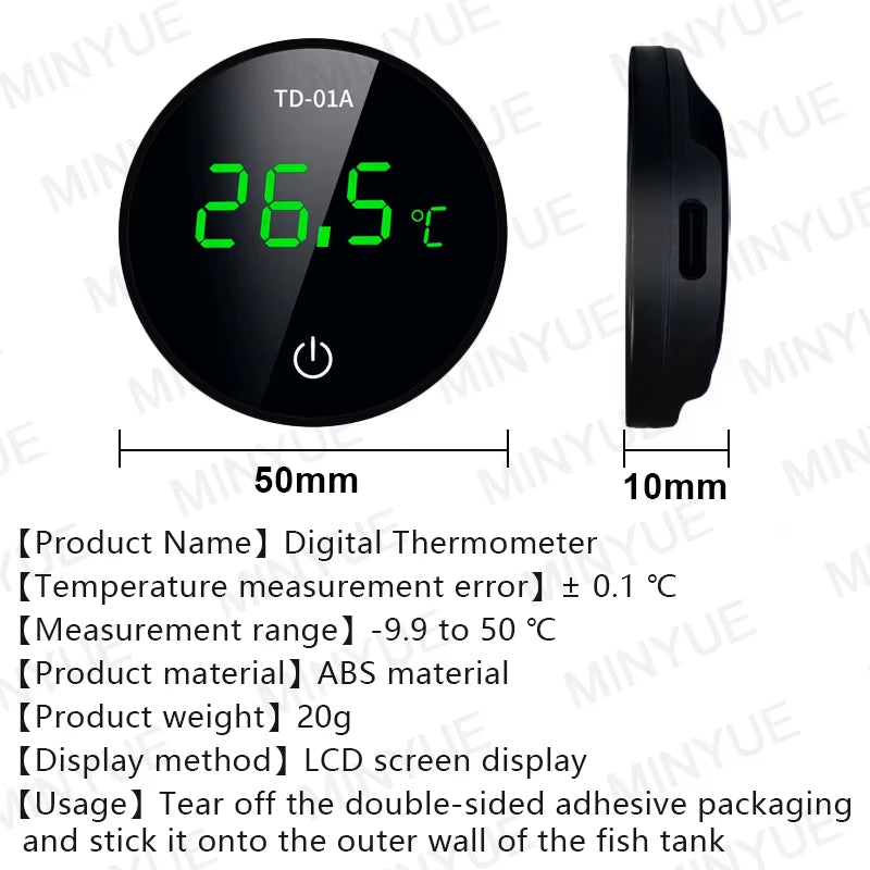 MINYUE Aquarium Thermometer LCD Digital External Thermometer Charging Type-C Fish Tank Mini Thermometer High Precision -9.9-50℃