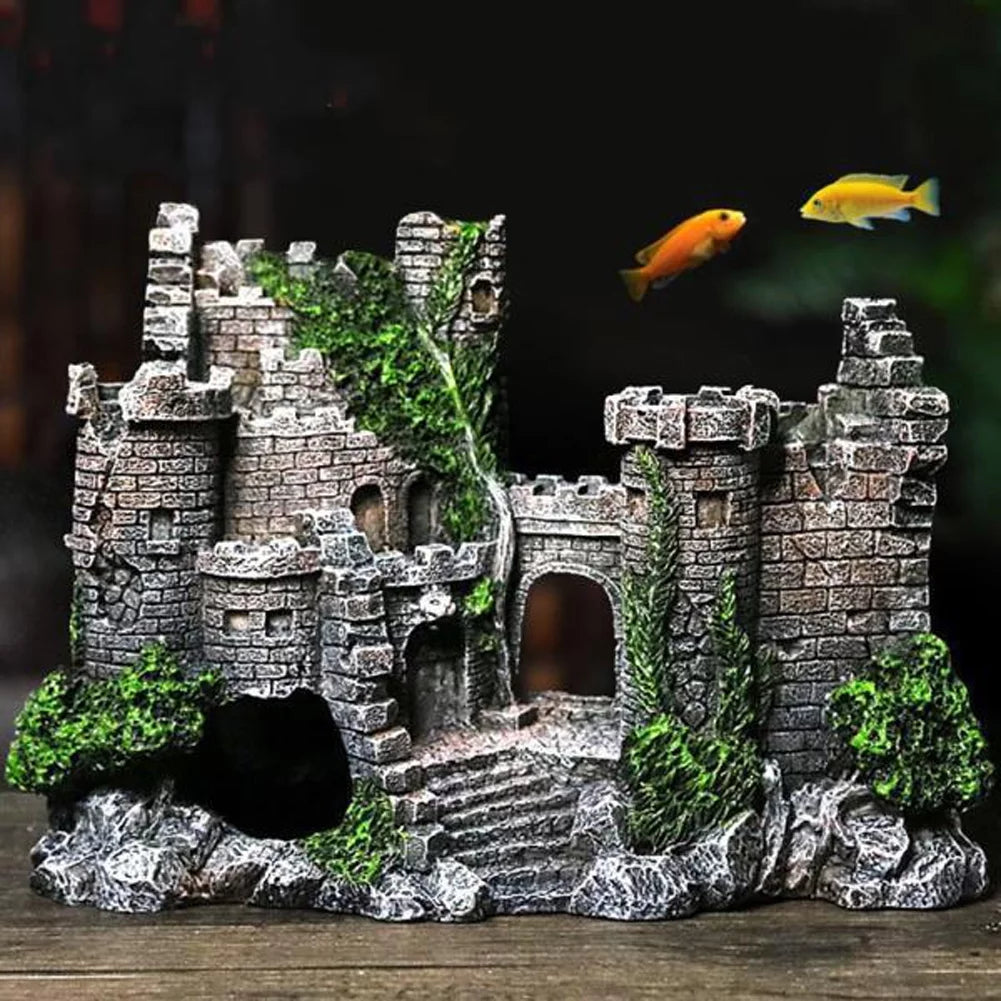 Fish Tank Decorations Aquarium Decoration Resin Ancient Castle Artificial Ornaments Hideout Caves Layout Prop for Fish Tank Aquarium Landscaping Decor