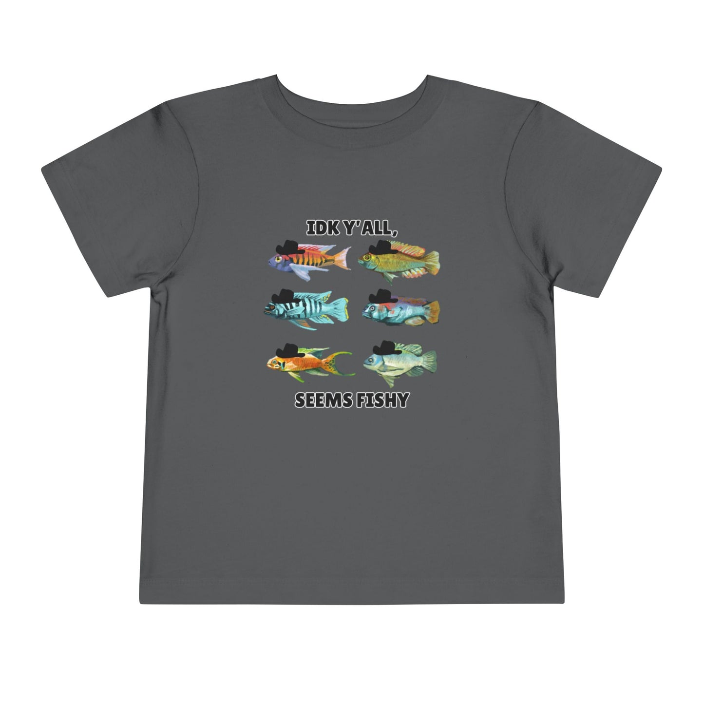 Toddler Sizes: IDK Y'all, Seems Fishy, Fish & Fishing Cowboy Hat Shirt, Short Sleeve Tee - 'IDK Y'all, Seems Fishy' Fun T-Shirt, Cute Kids Apparel, Summer Essentials
