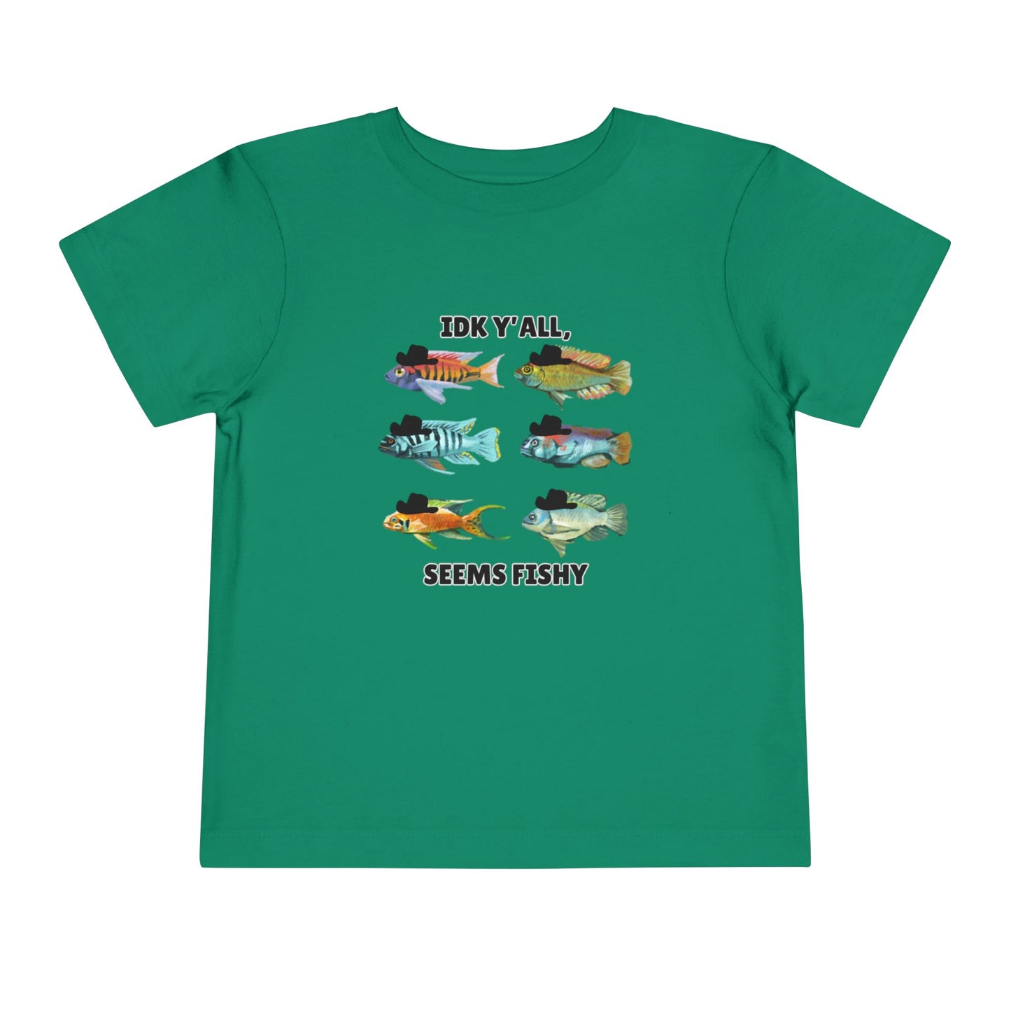 Toddler Sizes: IDK Y'all, Seems Fishy, Fish & Fishing Cowboy Hat Shirt, Short Sleeve Tee - 'IDK Y'all, Seems Fishy' Fun T-Shirt, Cute Kids Apparel, Summer Essentials