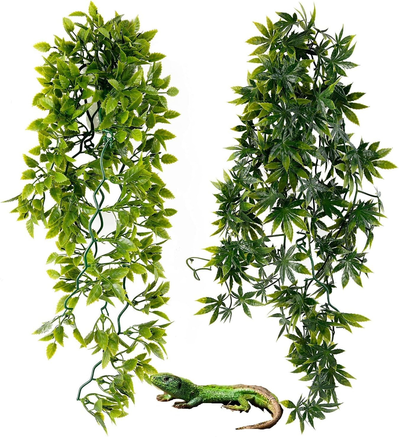 Reptile Plants, Artificial Reptile Plants Green Leaves, Terrarium Decoration with Suction Cups for Hermit Crab Lizards Geckos Snake Turtles Gecko, Reptile & Amphibian Habitat Plants