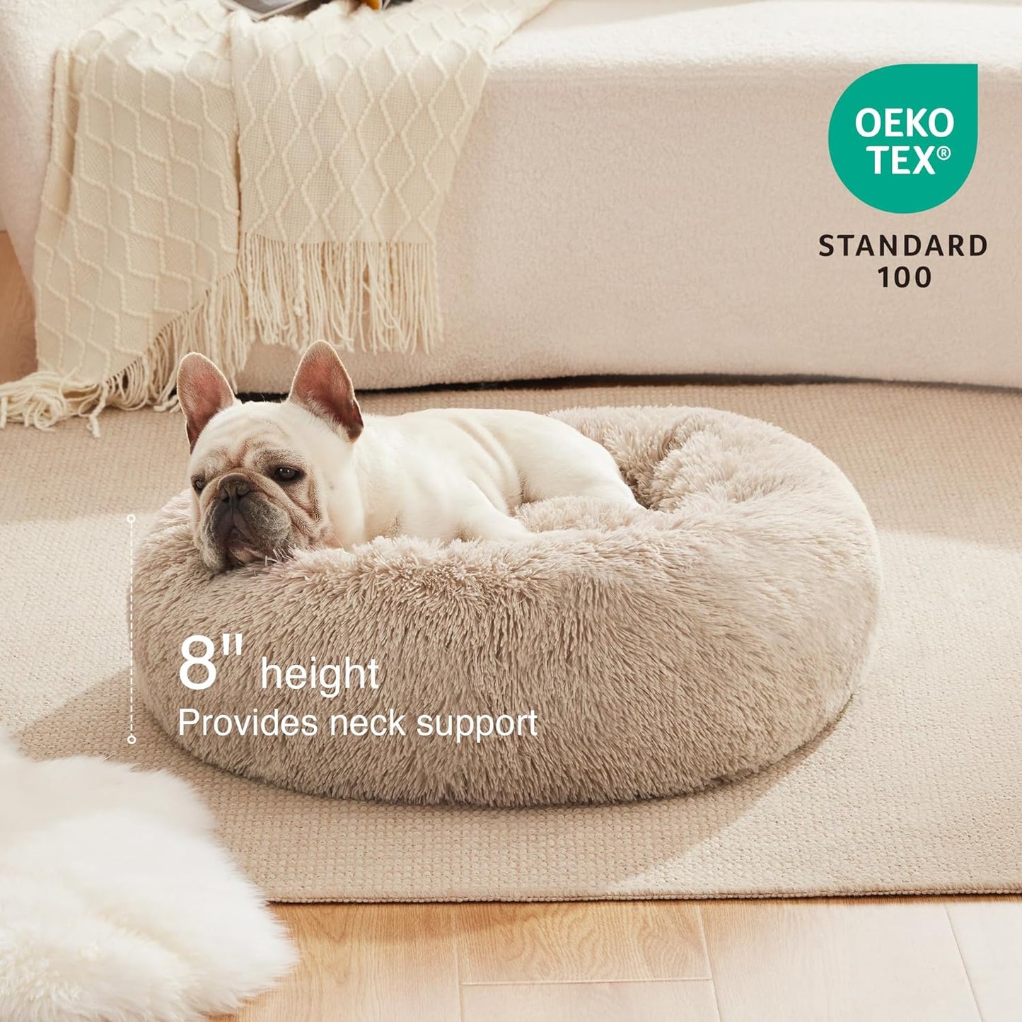Calming Dog & Cat Bed, Anti-Anxiety Donut round for Indoor Cats, Small Medium Dogs, Fluffy Warming Pet Bed, Beige Taupe 20"/24"