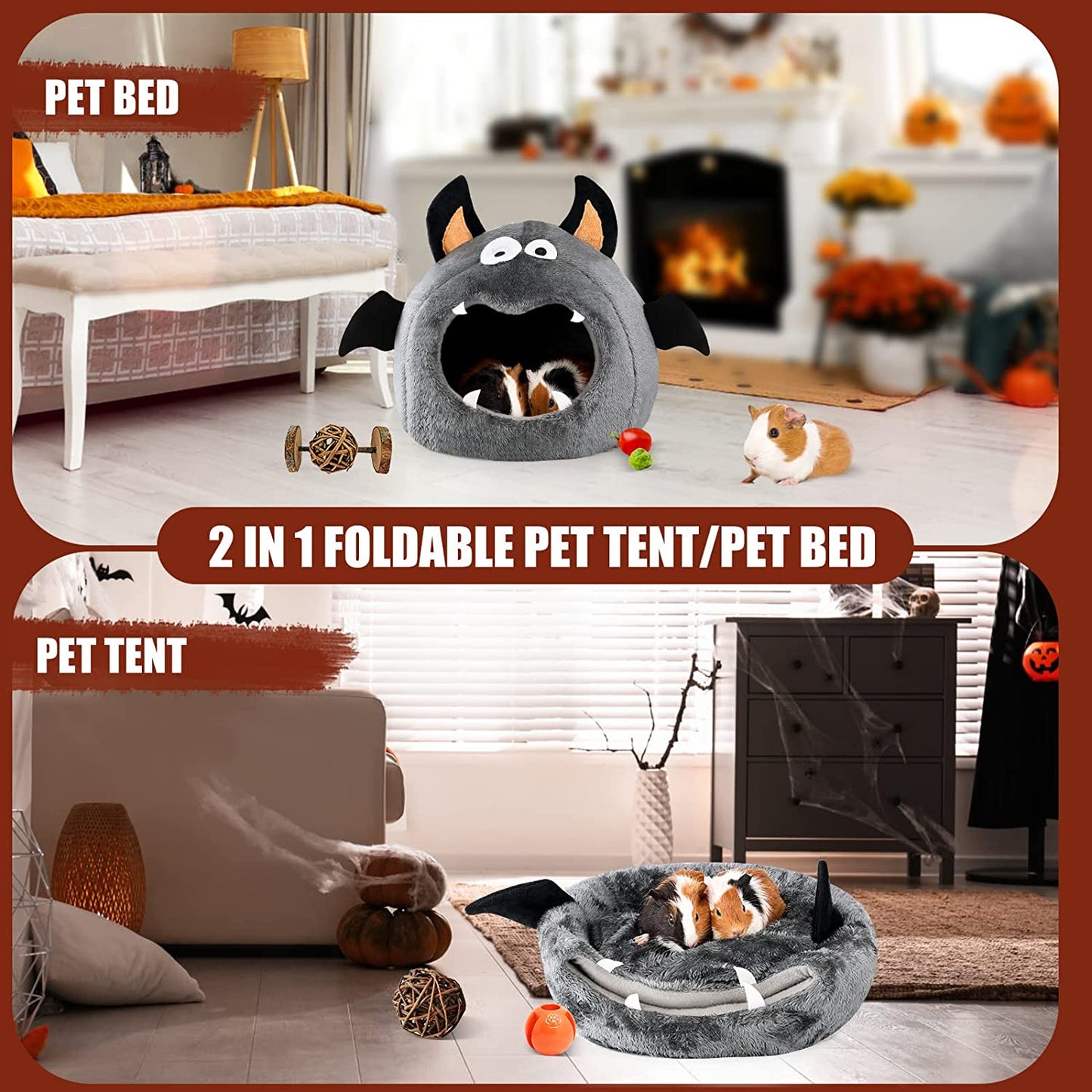 Guinea Pig Bed, Guinea Pig Hideout, Rabbit Bed, Bunny Hideout, Guinea Pig Cage Accessories for Guinea Pig, Small Bunny, Hamster, Chinchilla, Small Rabbit and Other Small Pets - Bat Shape