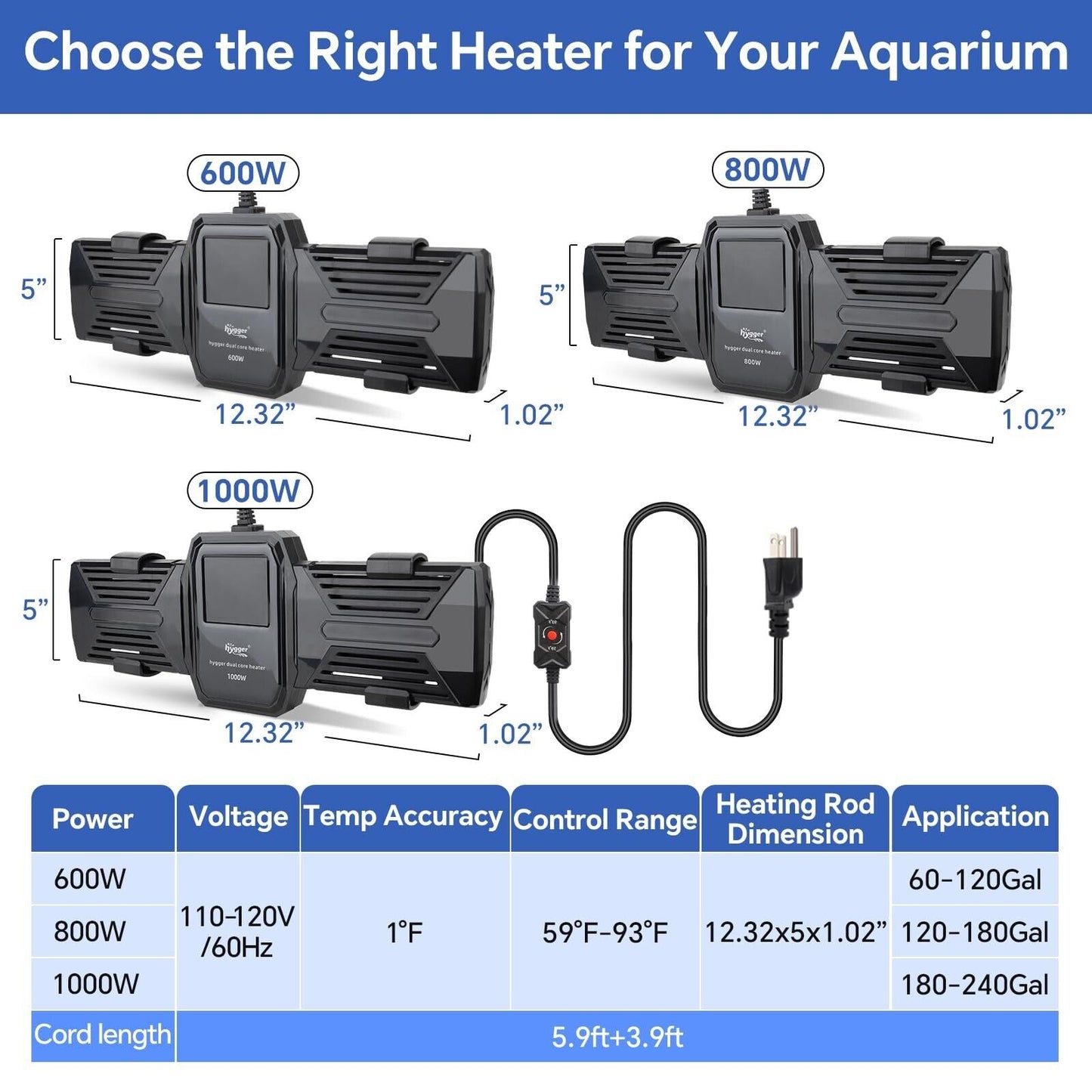 Hygger Aquarium Heater, 500W 800W 1000W Sub