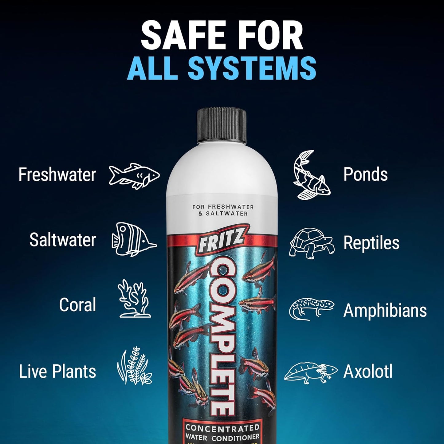 Fritz Complete Water Conditioner/Dechlorinator Instantly Removes Chlorine & Chloramines/Detoxifies Nitrite & Nitrate for Fresh & Salt Water Aquariums (16-Ounce)