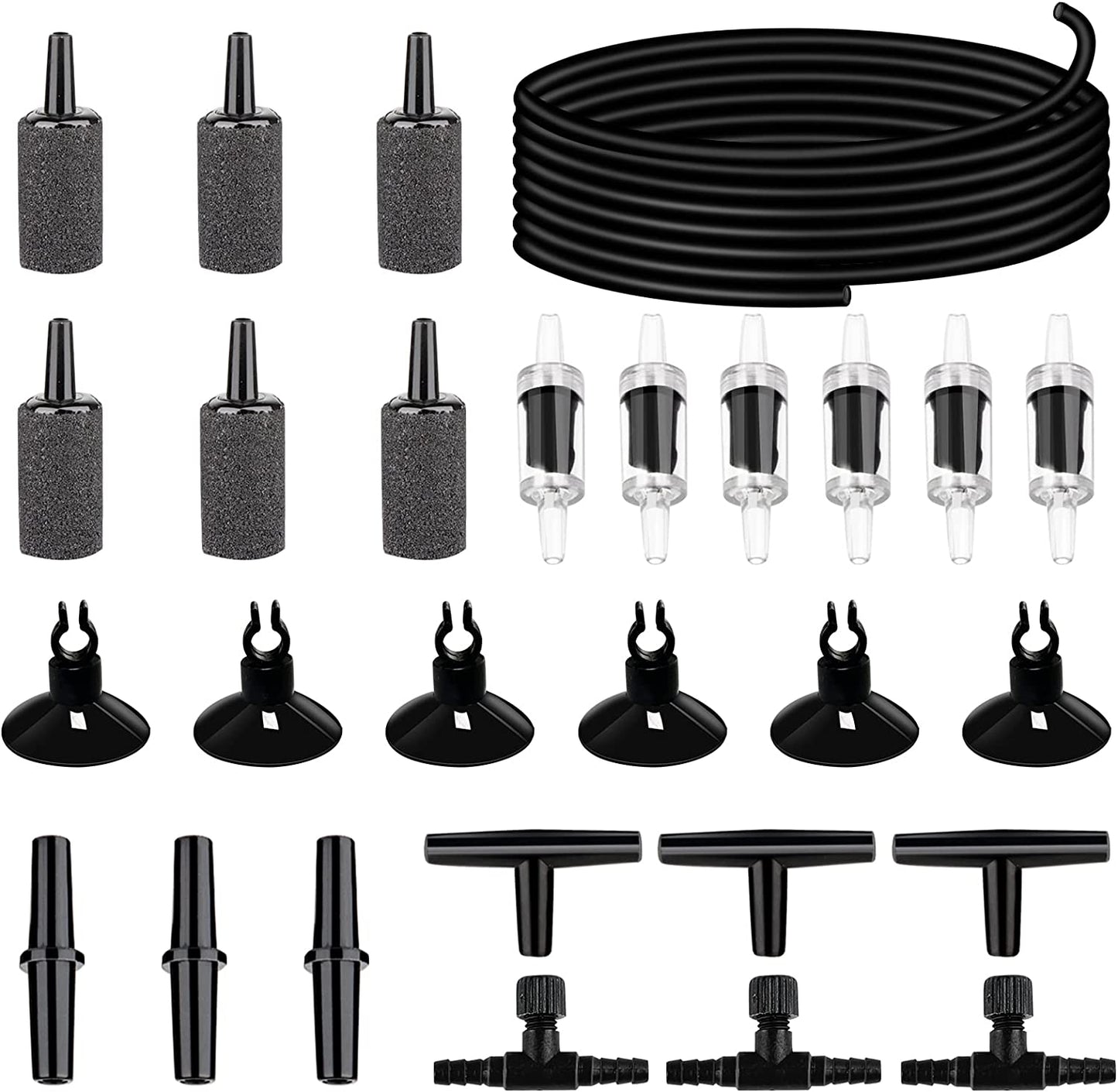 19.68 Feet Black Aquarium Airline Tubing 6 Air Stone for Aquarium 6 Aquarium Check Value for Fish Tank 6 Aquarium Suction Cups 3 Each Aquarium Air Controller and I T Hose Connectors