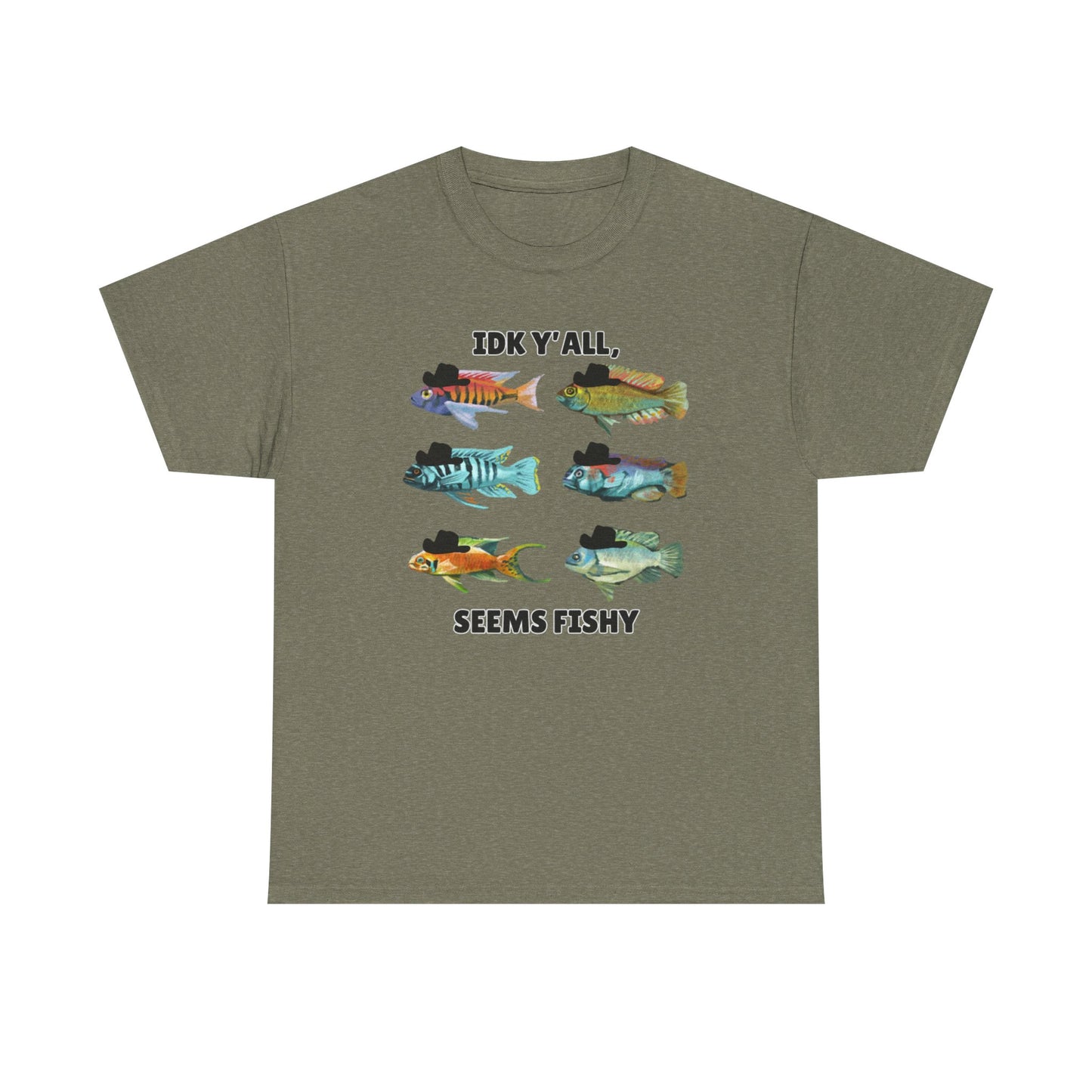 Adult Sizes: "IDK Y'all, Seems Fishy" Fish Tee, Fishing Humor Unisex Heavy Cotton T-Shirt, Funny Fish Shirt, Gift for Anglers, Casual Wear, Summer Vibes, Fishing Enthusiast Tee
