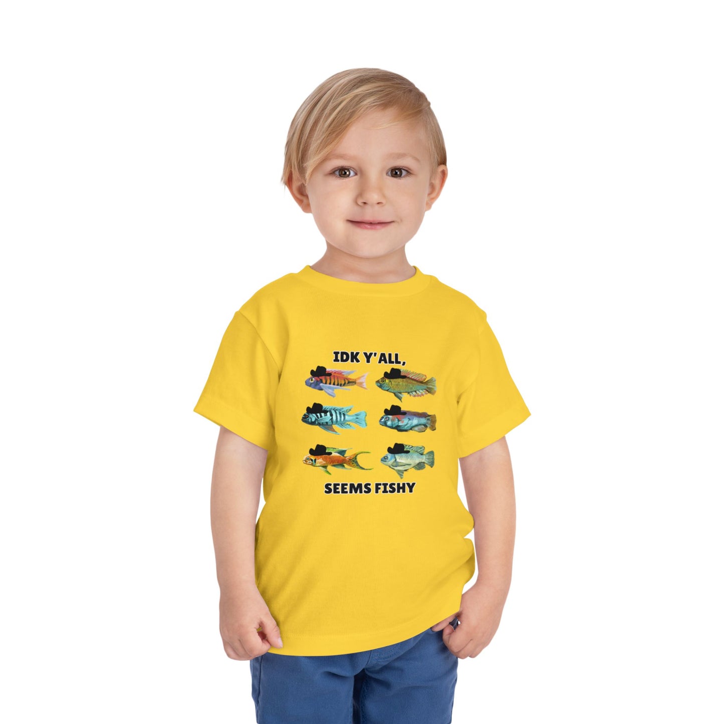 Toddler Sizes: IDK Y'all, Seems Fishy, Fish & Fishing Cowboy Hat Shirt, Short Sleeve Tee - 'IDK Y'all, Seems Fishy' Fun T-Shirt, Cute Kids Apparel, Summer Essentials