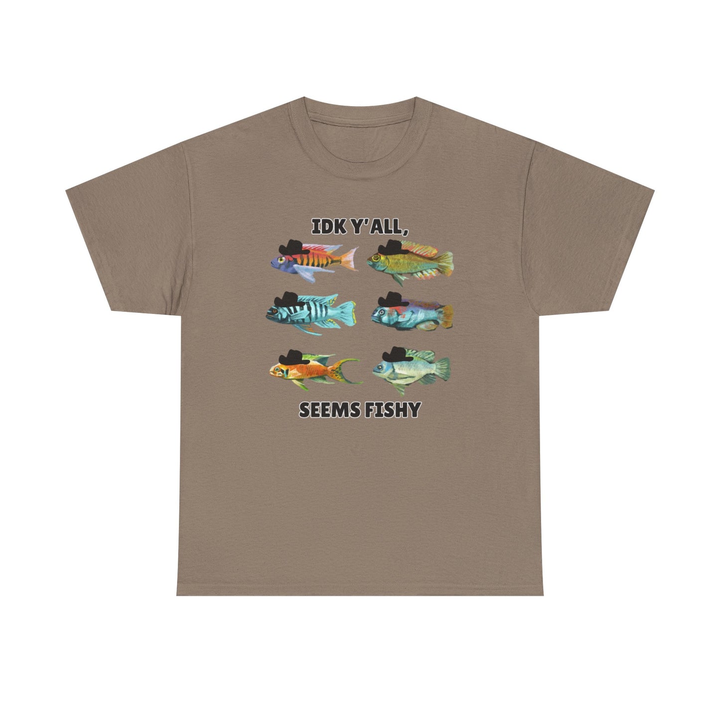 Adult Sizes: "IDK Y'all, Seems Fishy" Fish Tee, Fishing Humor Unisex Heavy Cotton T-Shirt, Funny Fish Shirt, Gift for Anglers, Casual Wear, Summer Vibes, Fishing Enthusiast Tee