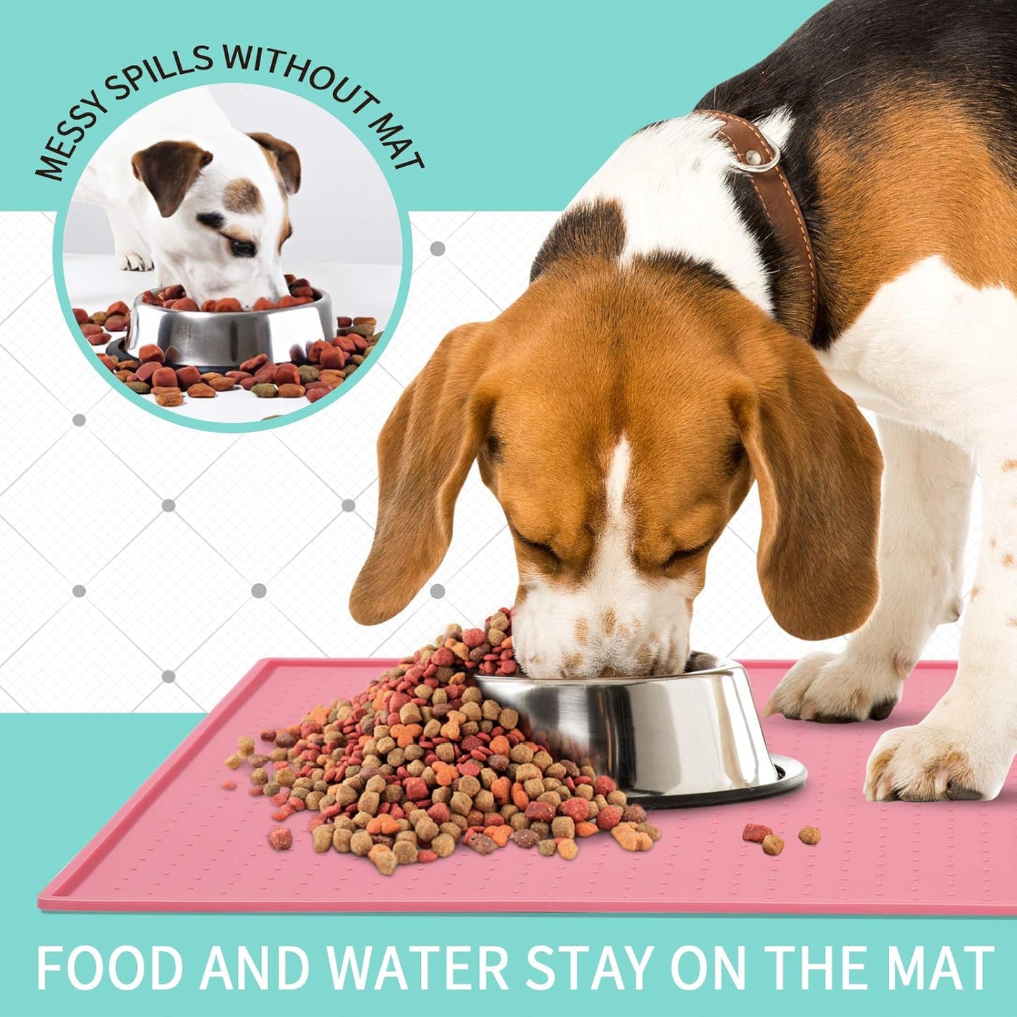 Silicone Dog Food Mat - Waterproof Dog Bowl Mats for Food and Water Bowls, Raised Edges Non-Slip Cat Food Mat, BPA Free Pet Mats for Dog Bowls (Large, Pink)