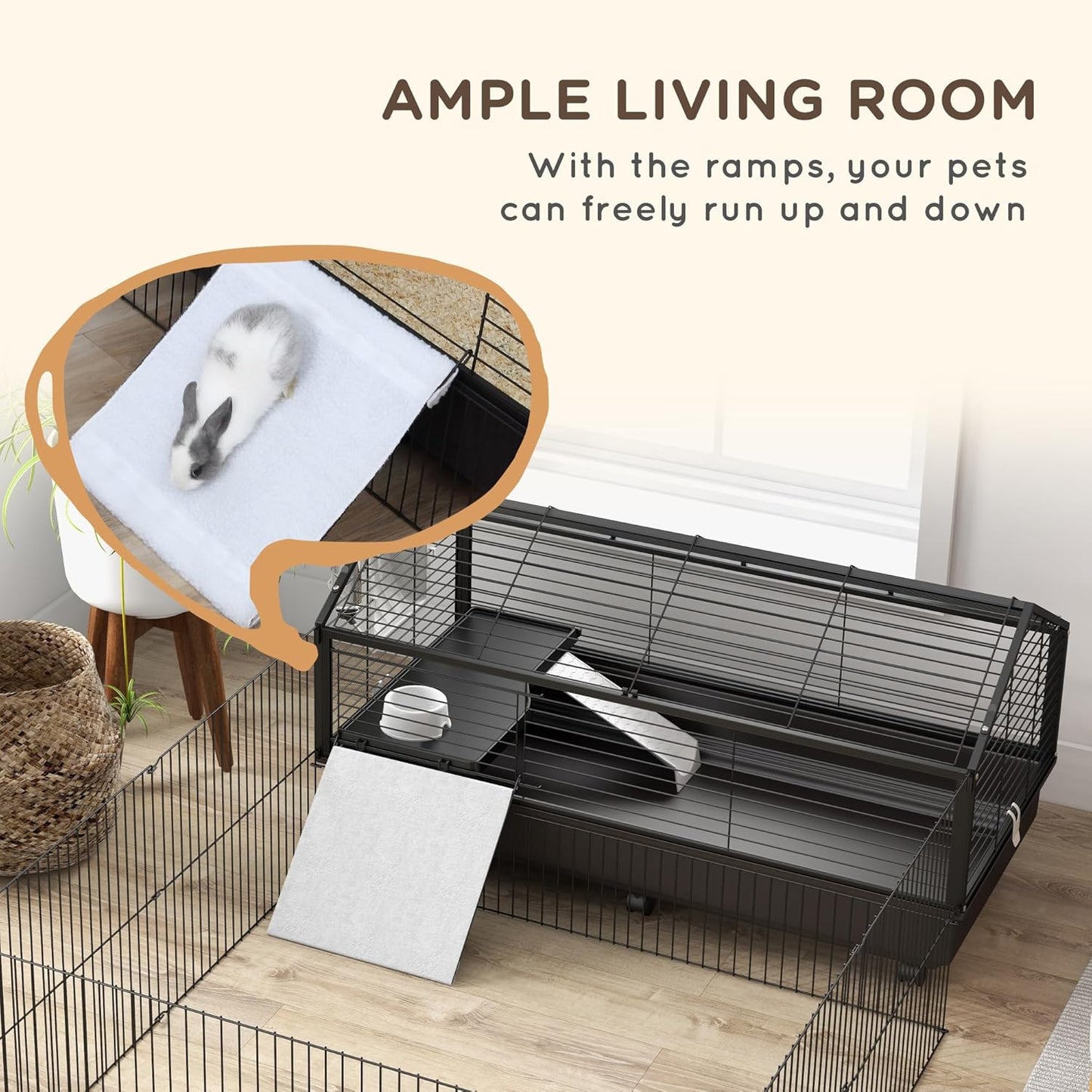 Small Animal Cage with Foldable Run Area, Rolling Bunny Cage, Guinea Pig Cage, Hedgehog Cage with Water Bottle, Water Bowl, and Ramps, 46.5"