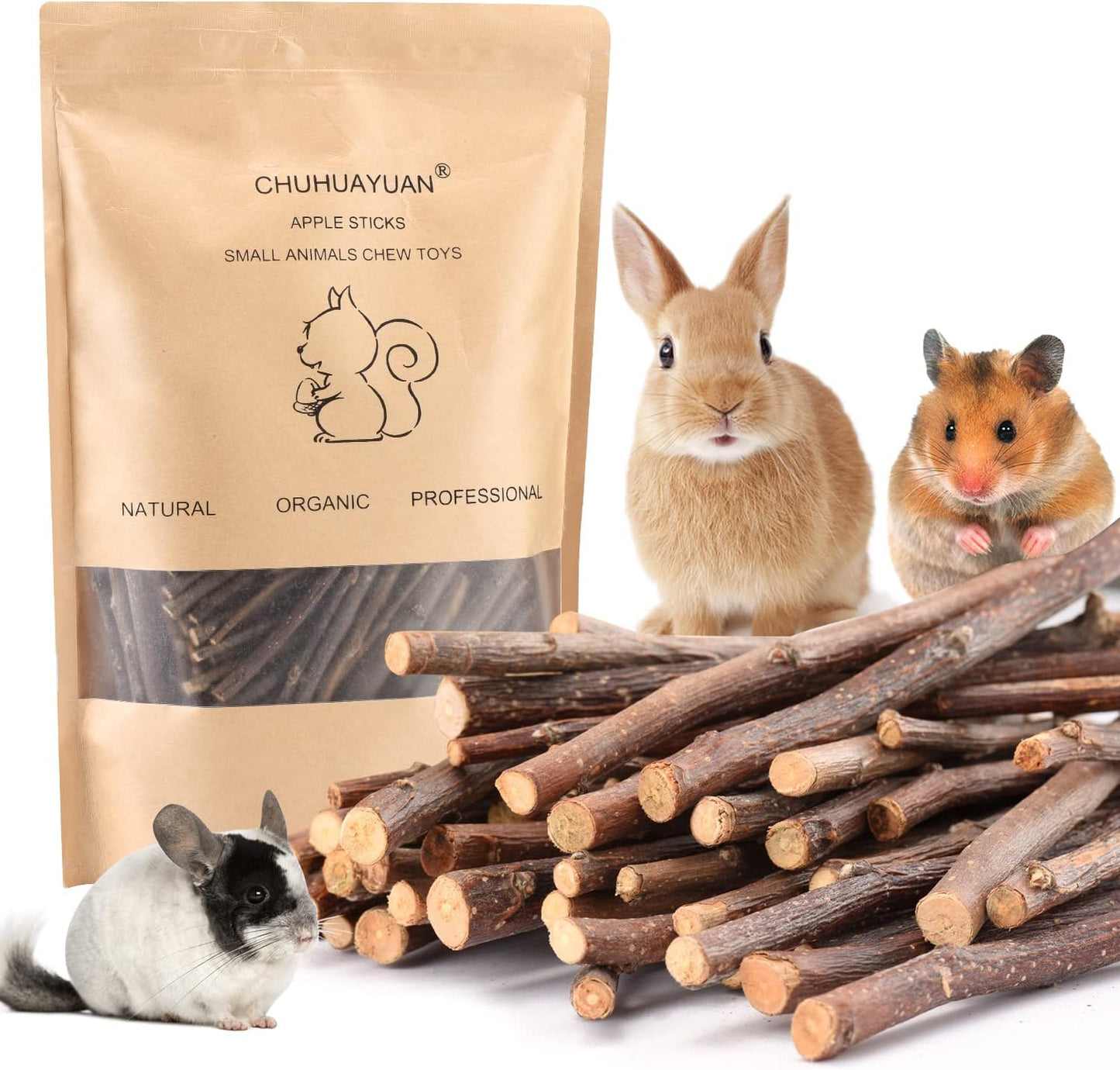 Natural Apple Sticks, 300G Treats Food for Small Animals, Chew Toys for Chinchilla Guinea Pigs Rabbit Squirrel Hamster Bunny