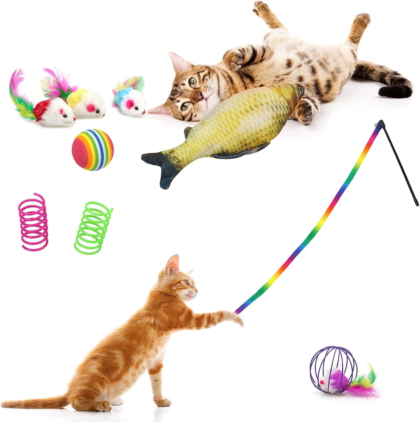 27Pcs Cat Toys Kitten Toys Assorted,Cat Tunnel Catnip Fish Feather Teaser Wand Fish Fluffy Mouse Mice Balls Tumbler Mouse Color Funny Cat Stick and Bells Toys for Cat Puppy Kitty.