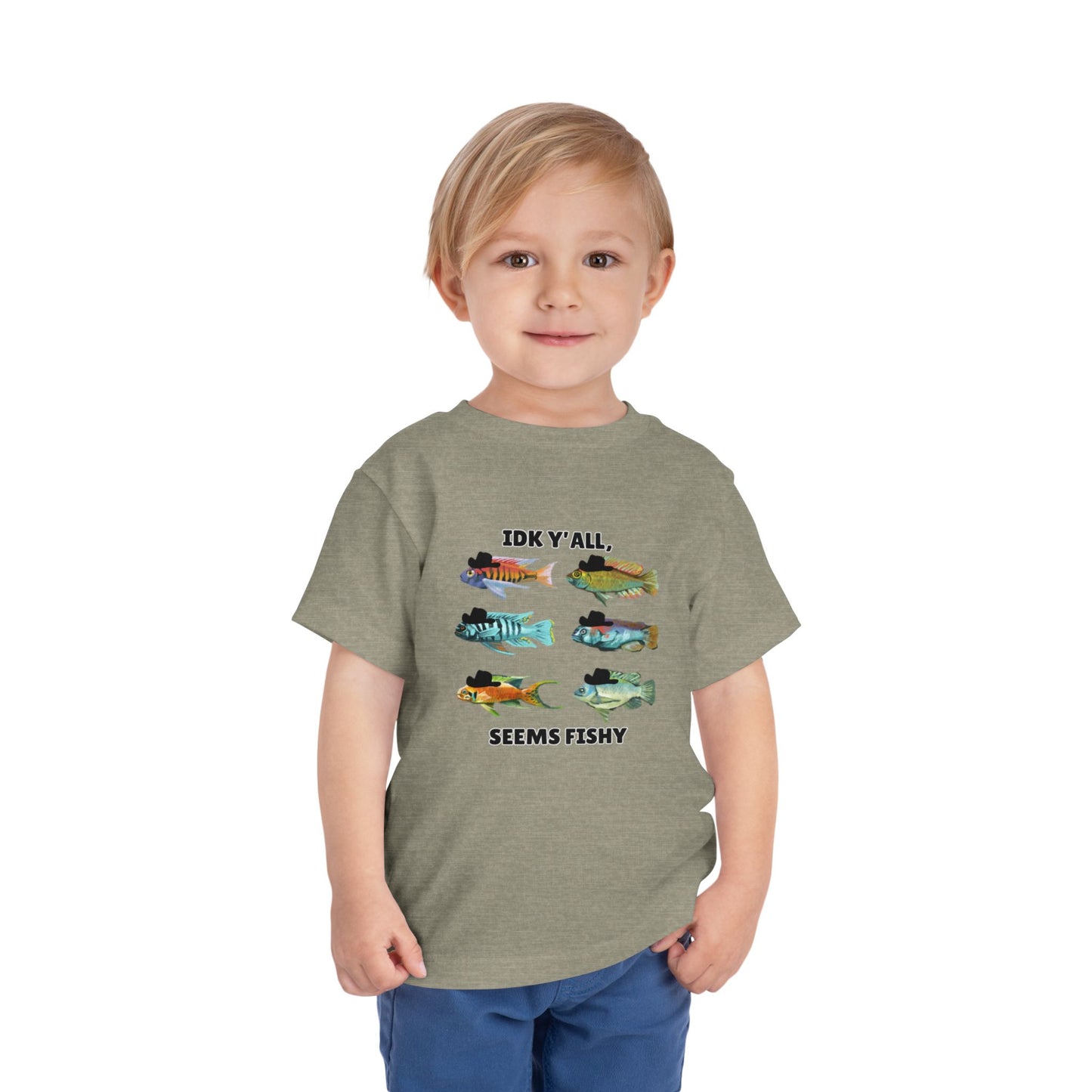 Toddler Sizes: IDK Y'all, Seems Fishy, Fish & Fishing Cowboy Hat Shirt, Short Sleeve Tee - 'IDK Y'all, Seems Fishy' Fun T-Shirt, Cute Kids Apparel, Summer Essentials