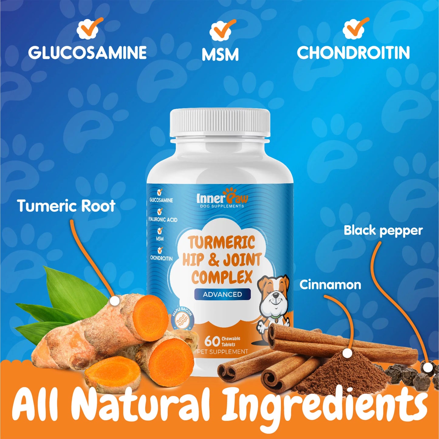 Turmeric Hip & Joint Chewable Tablets for Dogs - Maximum Strength - MSM - anti Inflammatory - Pain Relief - Joint Health - 60 Chewable Tablets