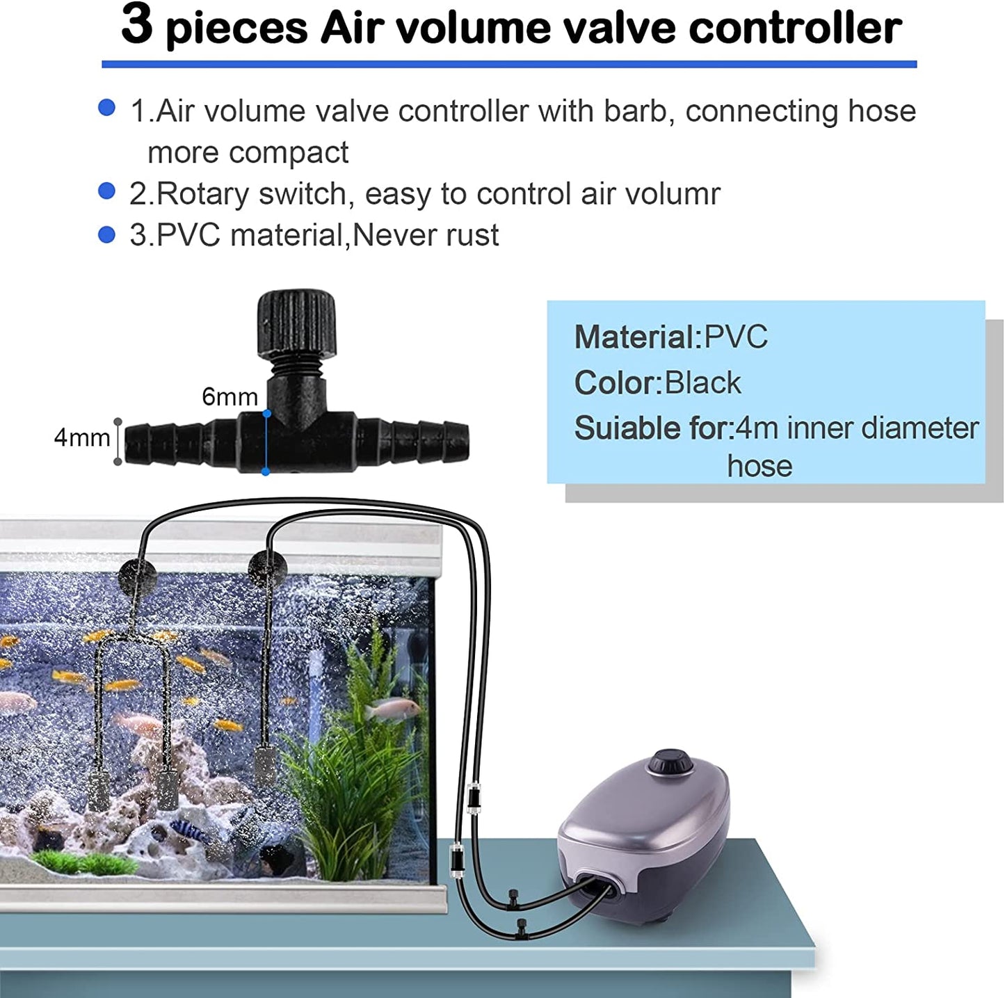 19.68 Feet Black Aquarium Airline Tubing 6 Air Stone for Aquarium 6 Aquarium Check Value for Fish Tank 6 Aquarium Suction Cups 3 Each Aquarium Air Controller and I T Hose Connectors