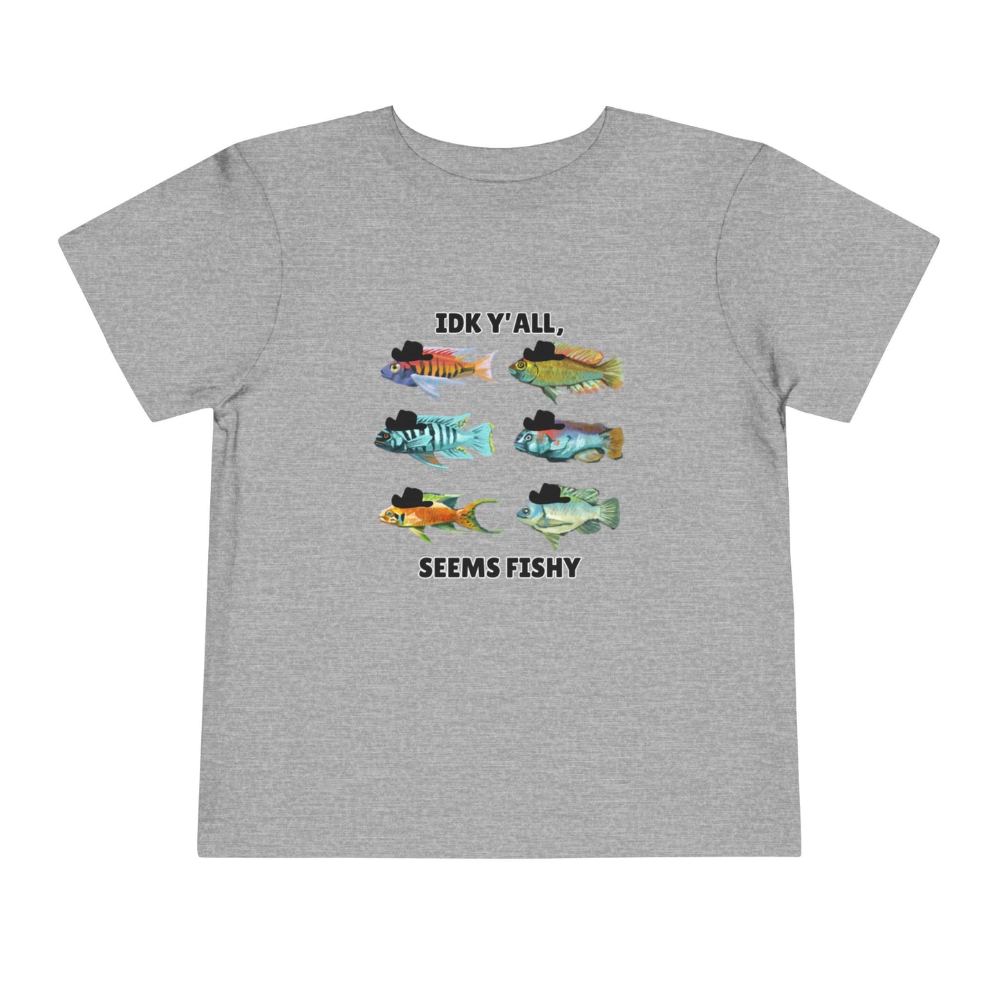 Toddler Sizes: IDK Y'all, Seems Fishy, Fish & Fishing Cowboy Hat Shirt, Short Sleeve Tee - 'IDK Y'all, Seems Fishy' Fun T-Shirt, Cute Kids Apparel, Summer Essentials