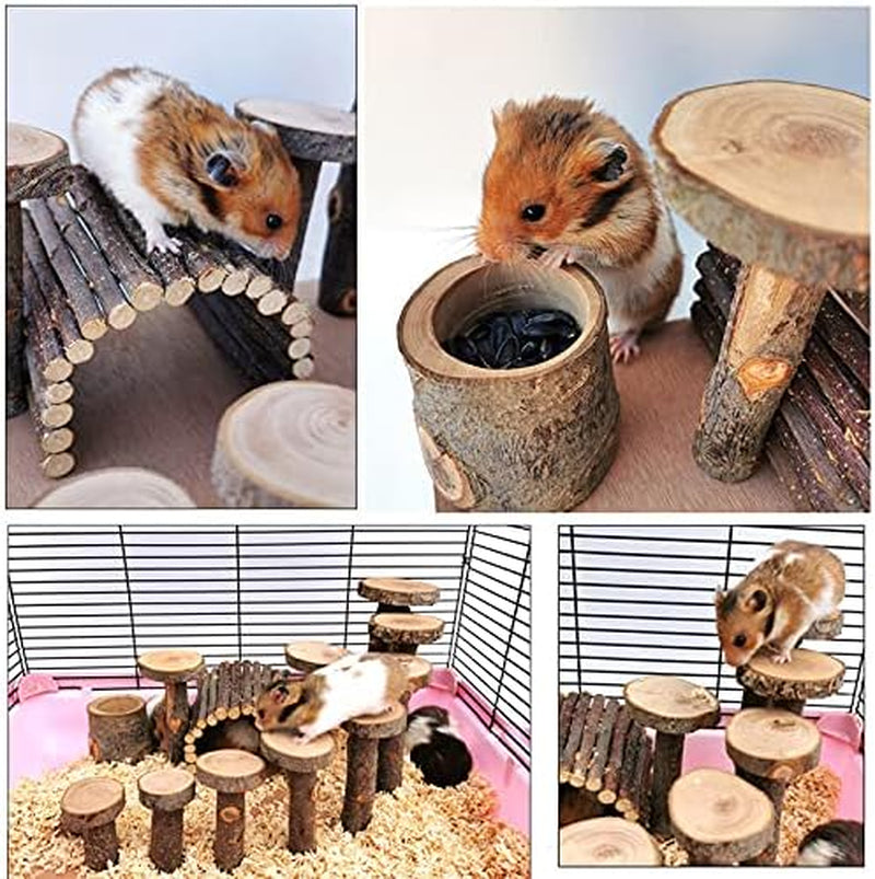 Hamster Wooden Cage Toy Sets, Small Pets Wooden Climbing Ladders, Hamsters Chewing Toys for Sugar Glider, Mouse, Chinchilla, Rat, Gerbil and Dwarf Hamster, Apple-Wood Play Ground for Small Animal