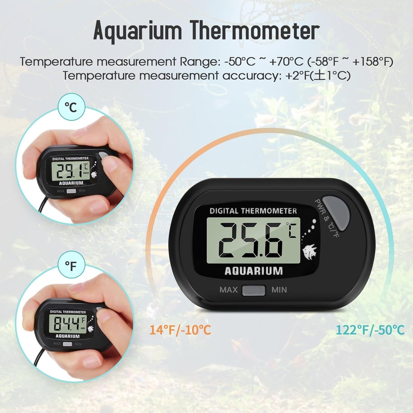 LCD Digital Aquarium Thermometer, Fish Tank Thermometer with Water-Resistant Sensor Probe and Suction Cup for Reptile, Turtle Incubators, Terrarium Water Thermometer (4)